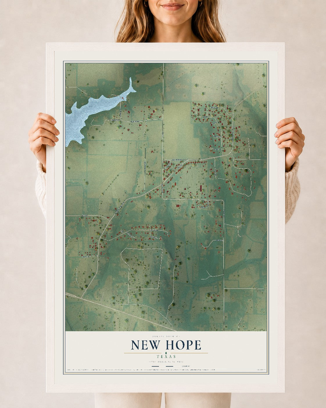 Map of New Hope, Texas, 24 x 36 inch print in a white wood frame