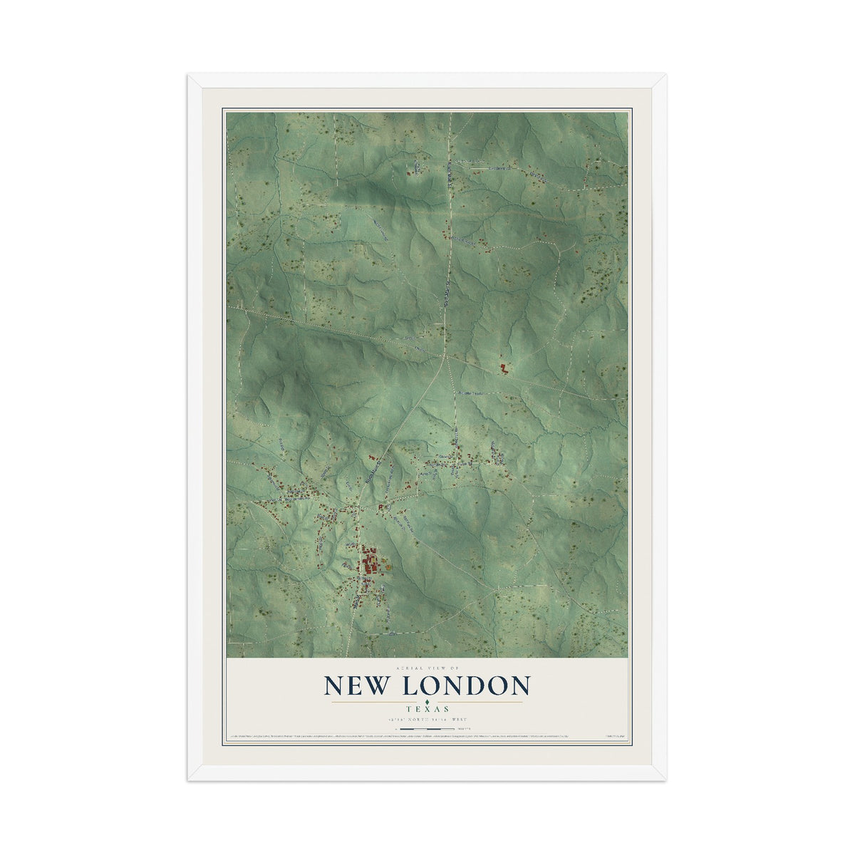Map of New London, Texas, 12 x 18 inch print in a white wood frame