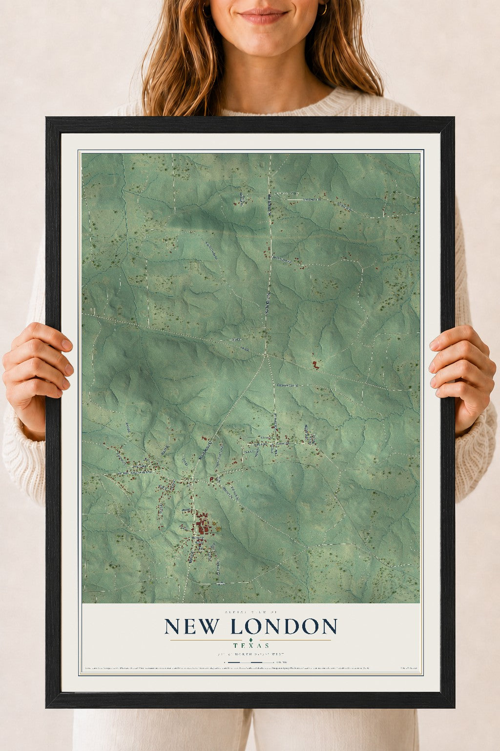 Map of New London, Texas, 18 x 24 inch print in a black wood frame