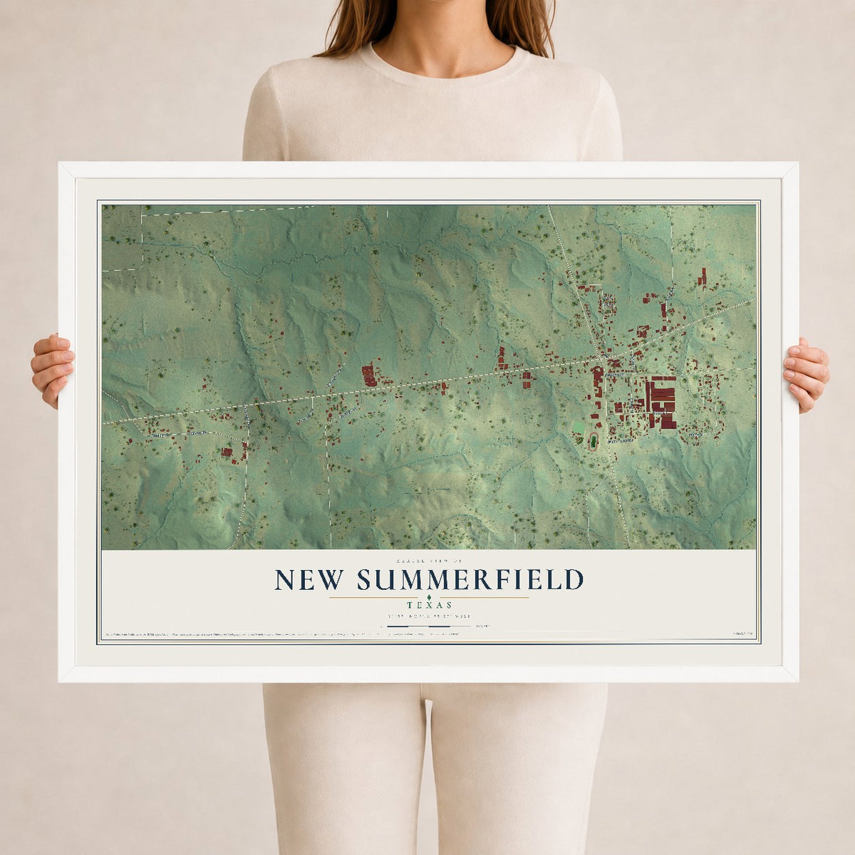 Map of New Summerfield, Texas, 24 x 36 inch print in a white wood frame