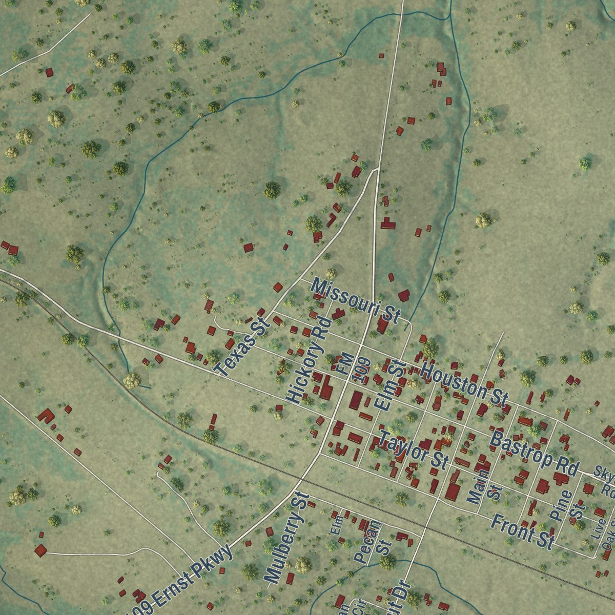 Close-up of the map of New Ulm, Texas print showing street and building detail