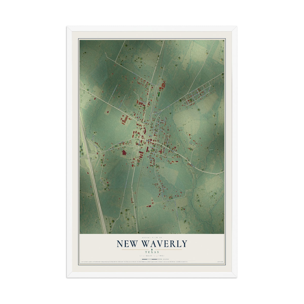 Map of New Waverly, Texas, 12 x 18 inch print in a white wood frame
