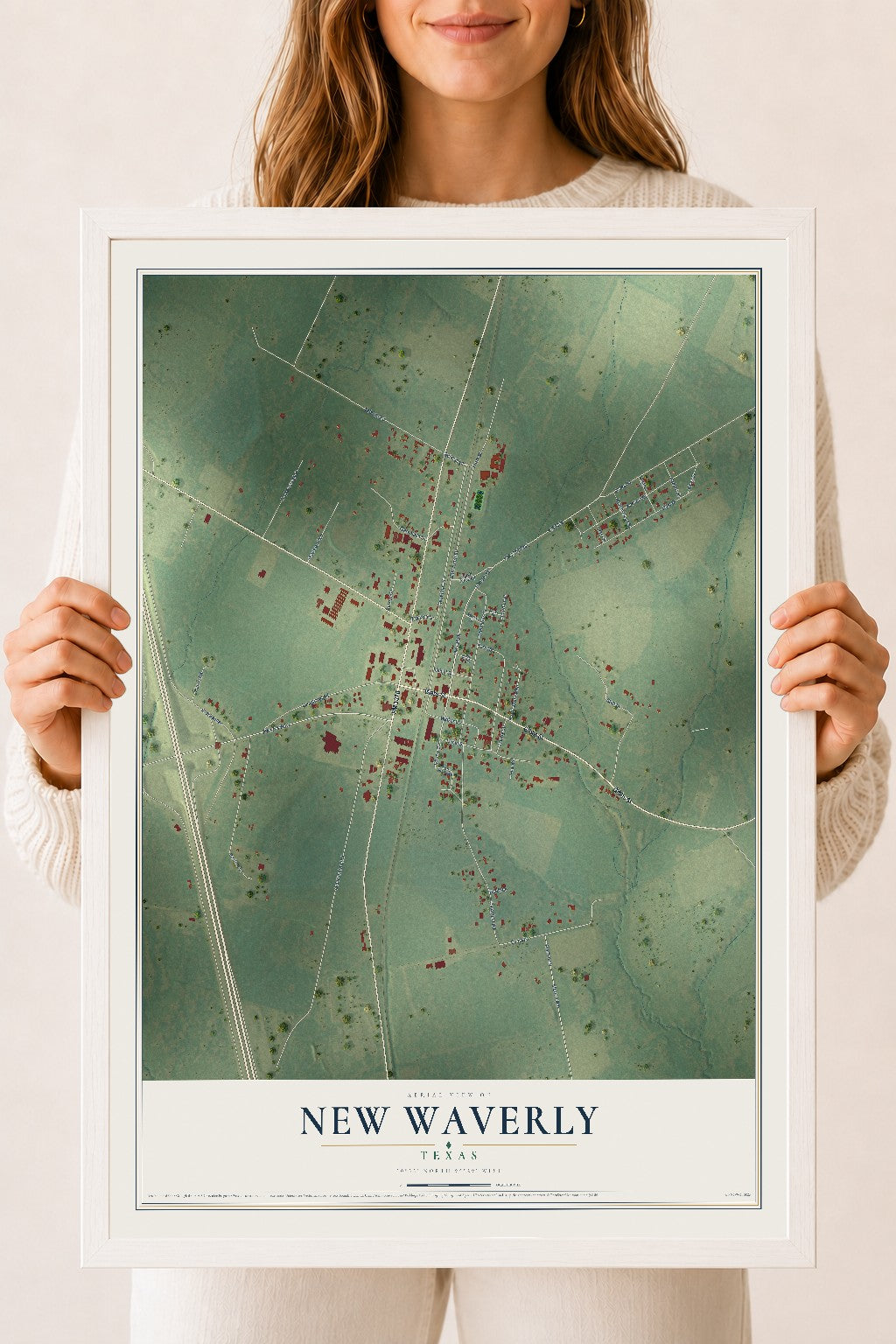 Map of New Waverly, Texas, 18 x 24 inch print in a white wood frame