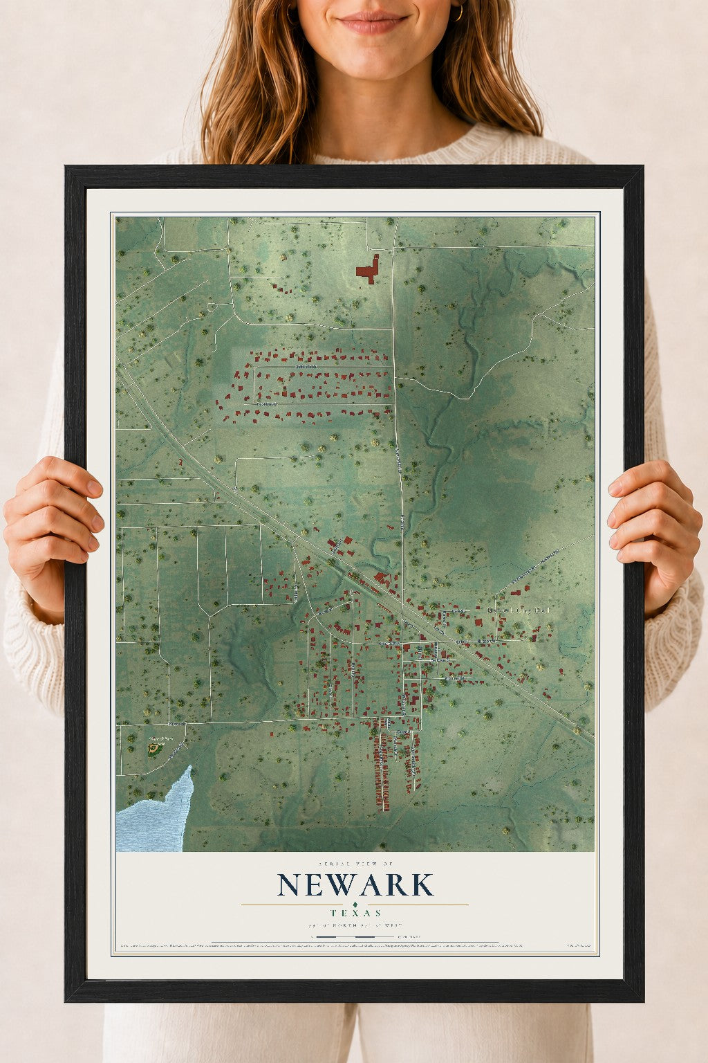 Map of Newark, Texas, 18 x 24 inch print in a black wood frame