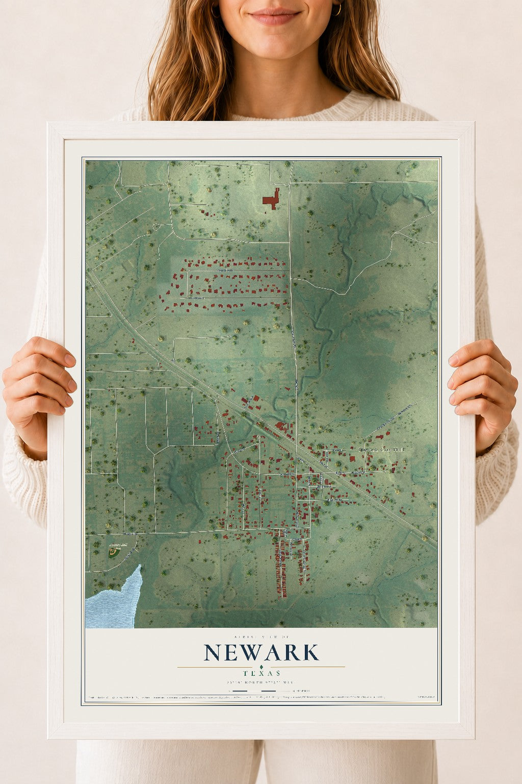Map of Newark, Texas, 18 x 24 inch print in a white wood frame