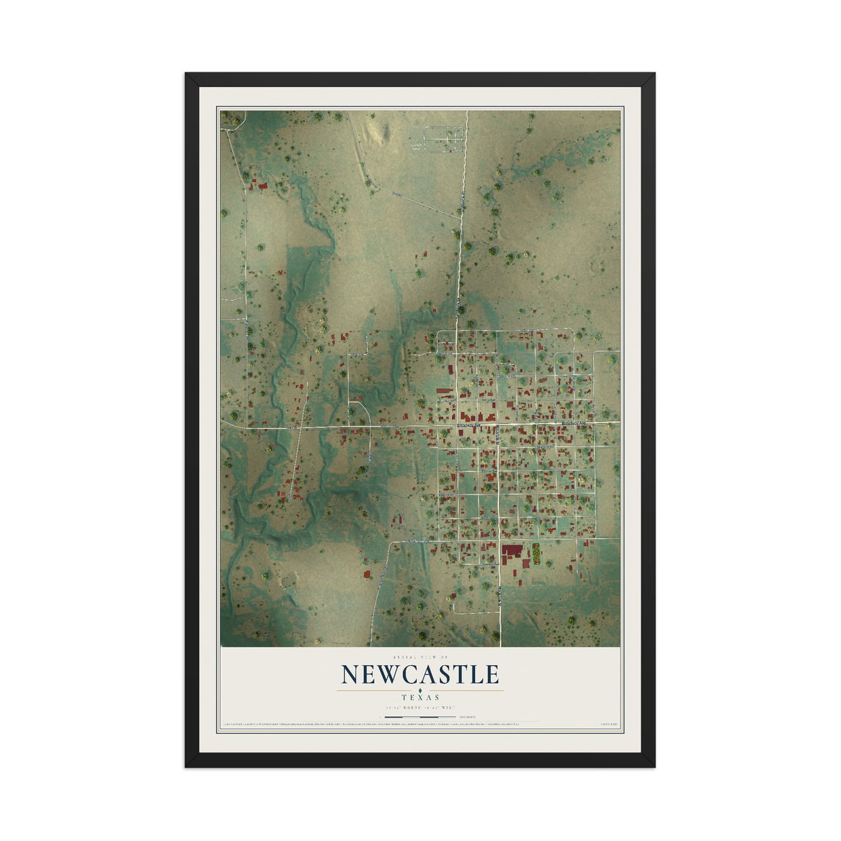 Map of Newcastle, Texas, 12 x 18 inch print in a black wood frame