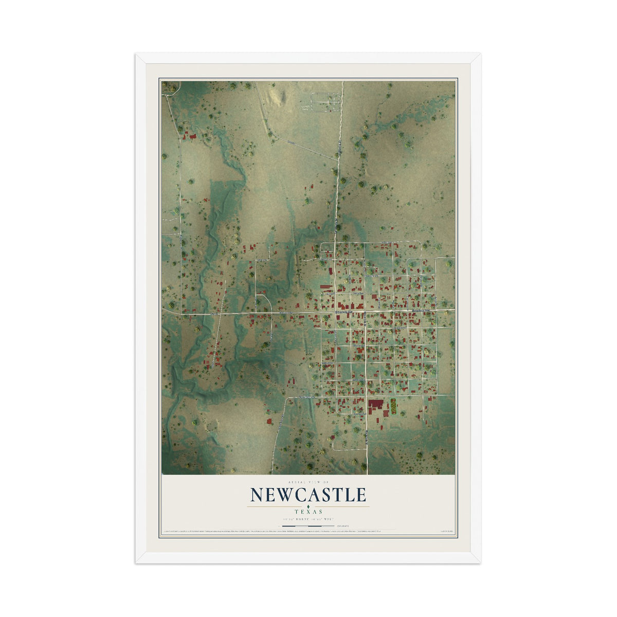 Map of Newcastle, Texas, 12 x 18 inch print in a white wood frame