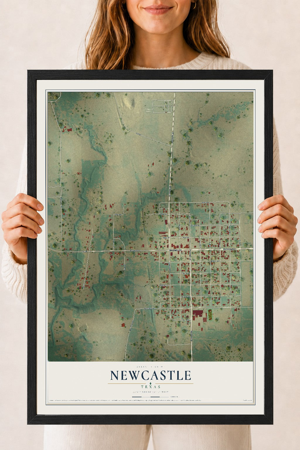 Map of Newcastle, Texas, 18 x 24 inch print in a black wood frame