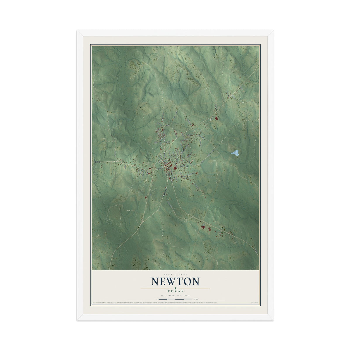 Map of Newton, Texas, 12 x 18 inch print in a white wood frame