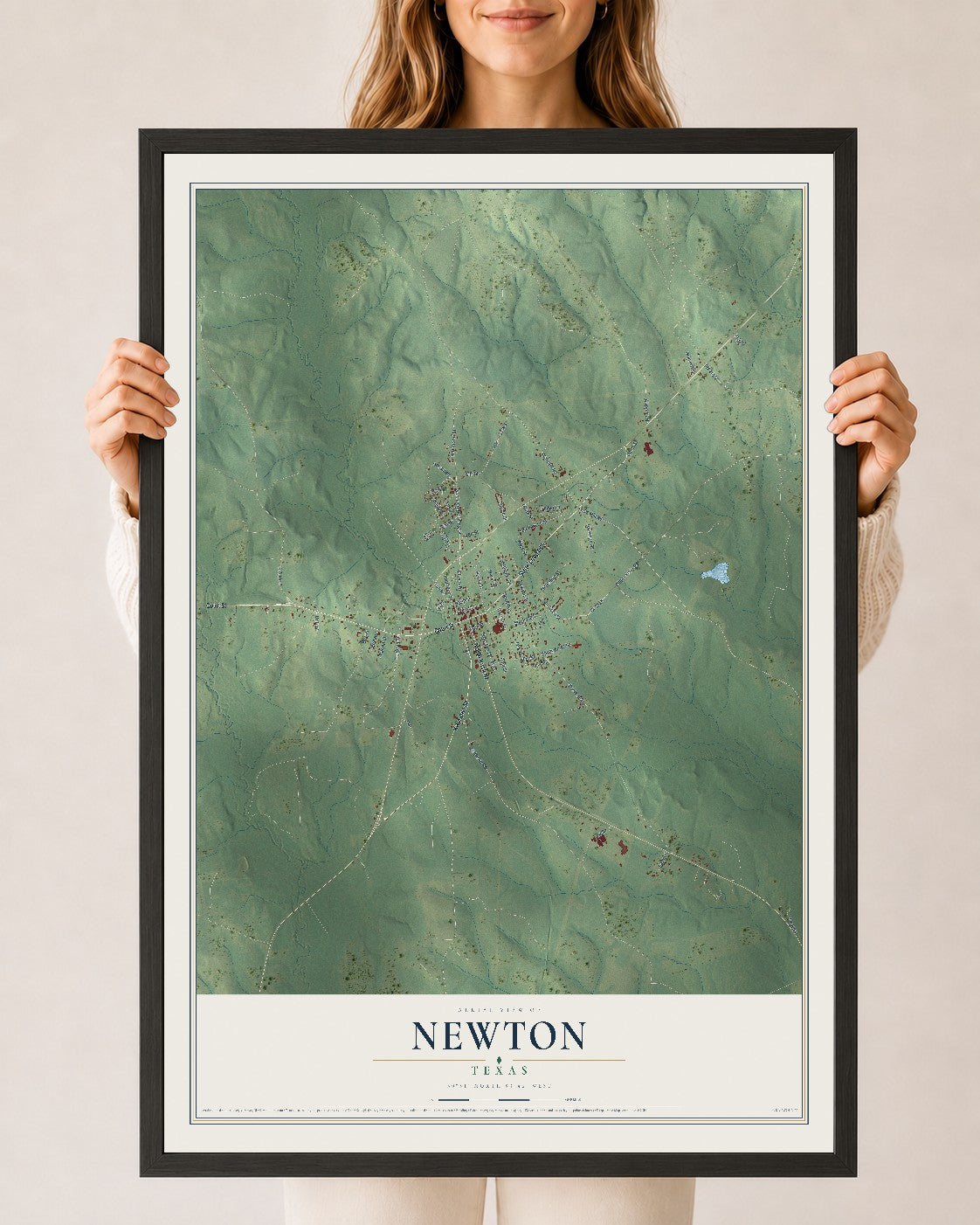 Map of Newton, Texas, 24 x 36 inch print in a black wood frame