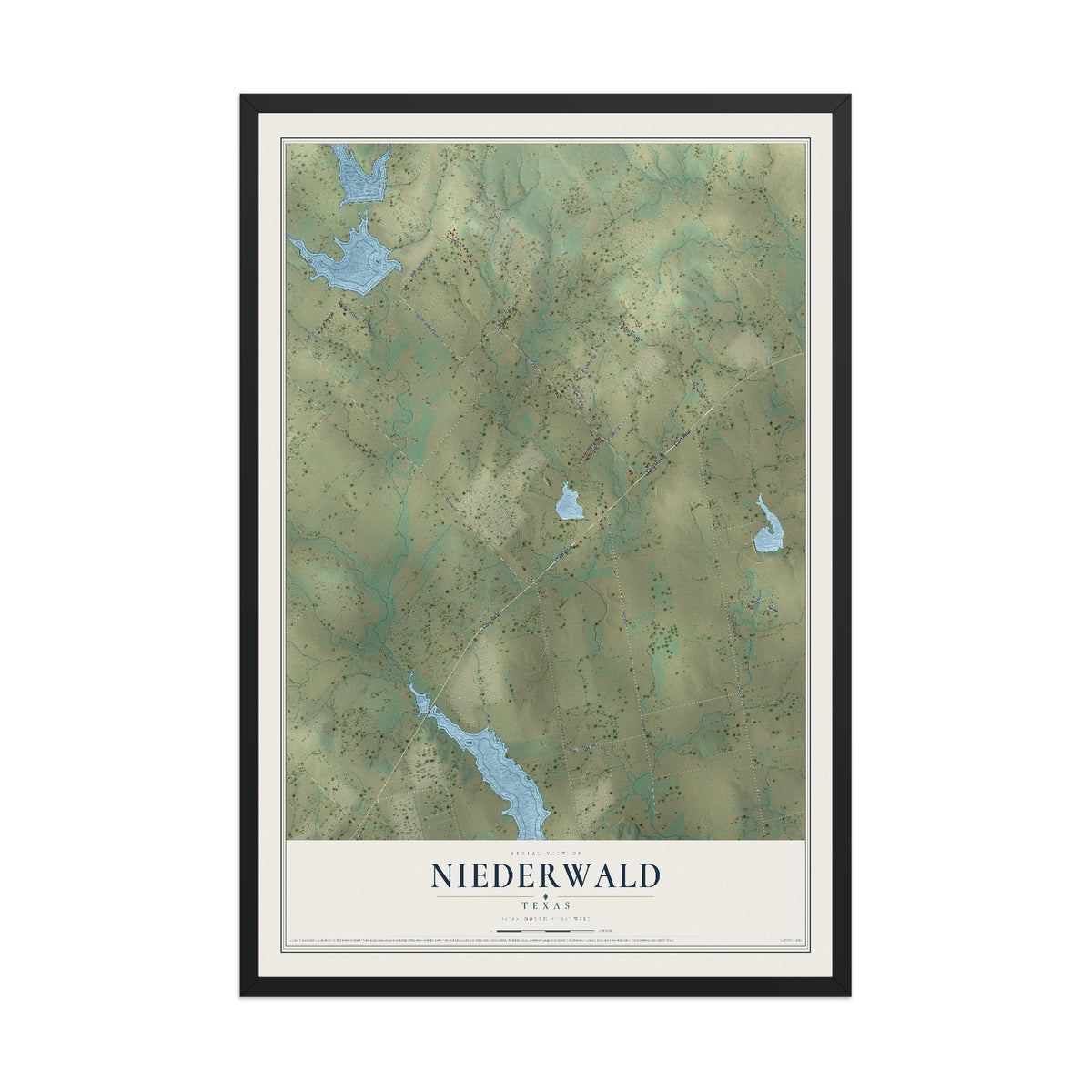Map of Niederwald, Texas, 12 x 18 inch print in a black wood frame