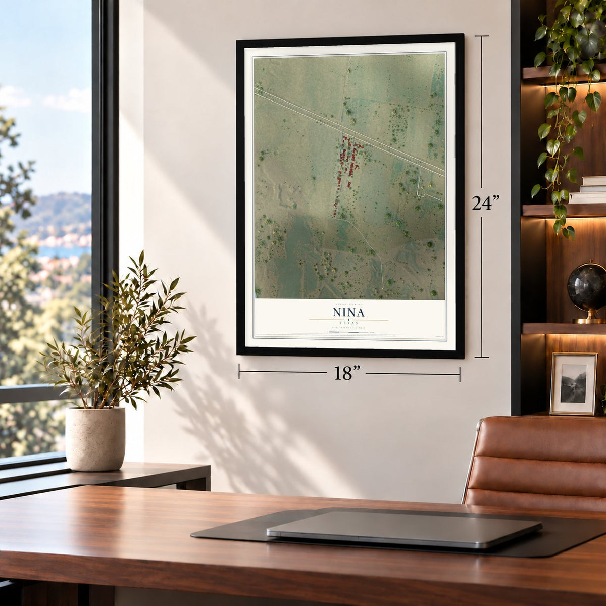 Nina, Texas map, 18 x 24 inch print in a black frame in a home office