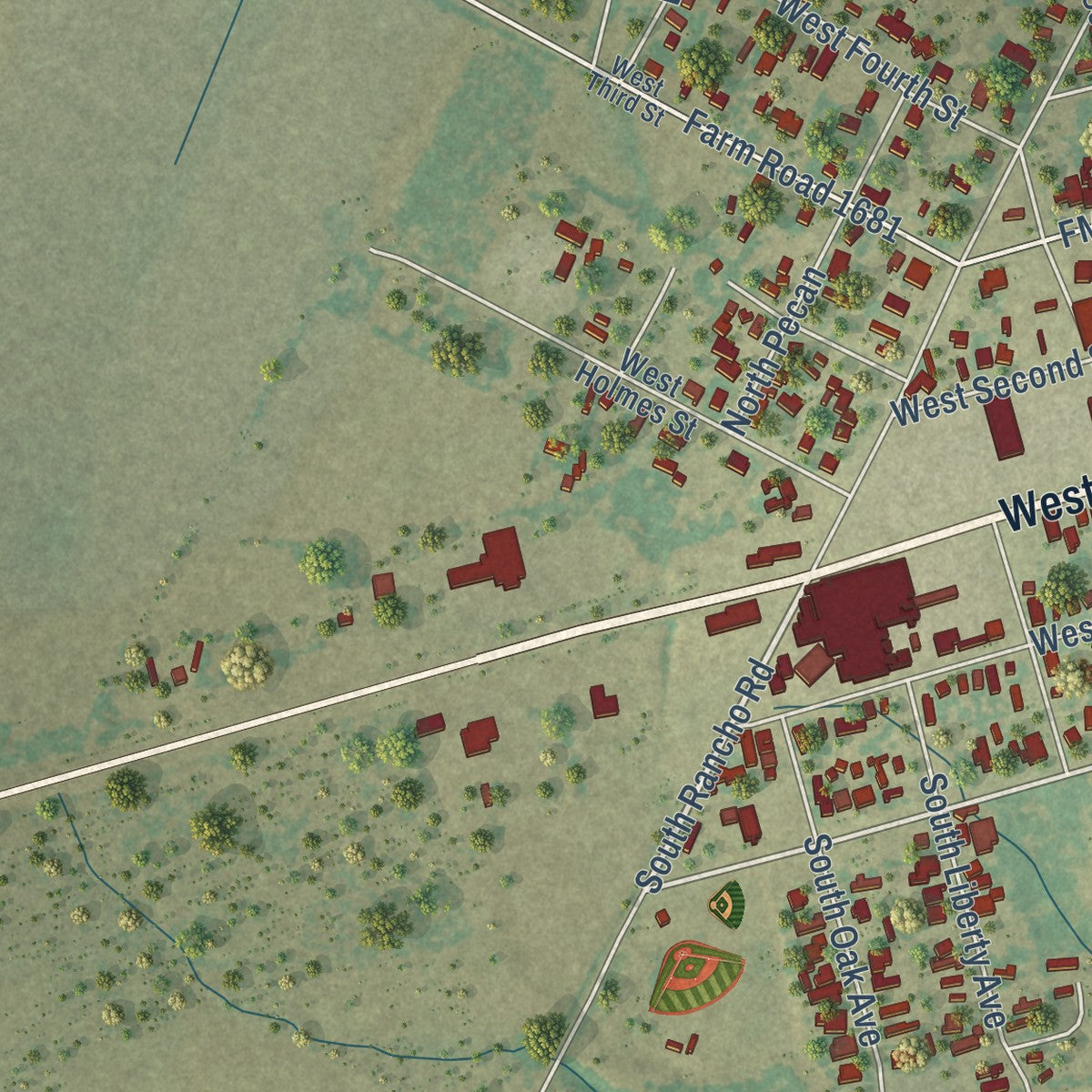 Second close-up of the map of Nixon, Texas print showing more streets and buildings