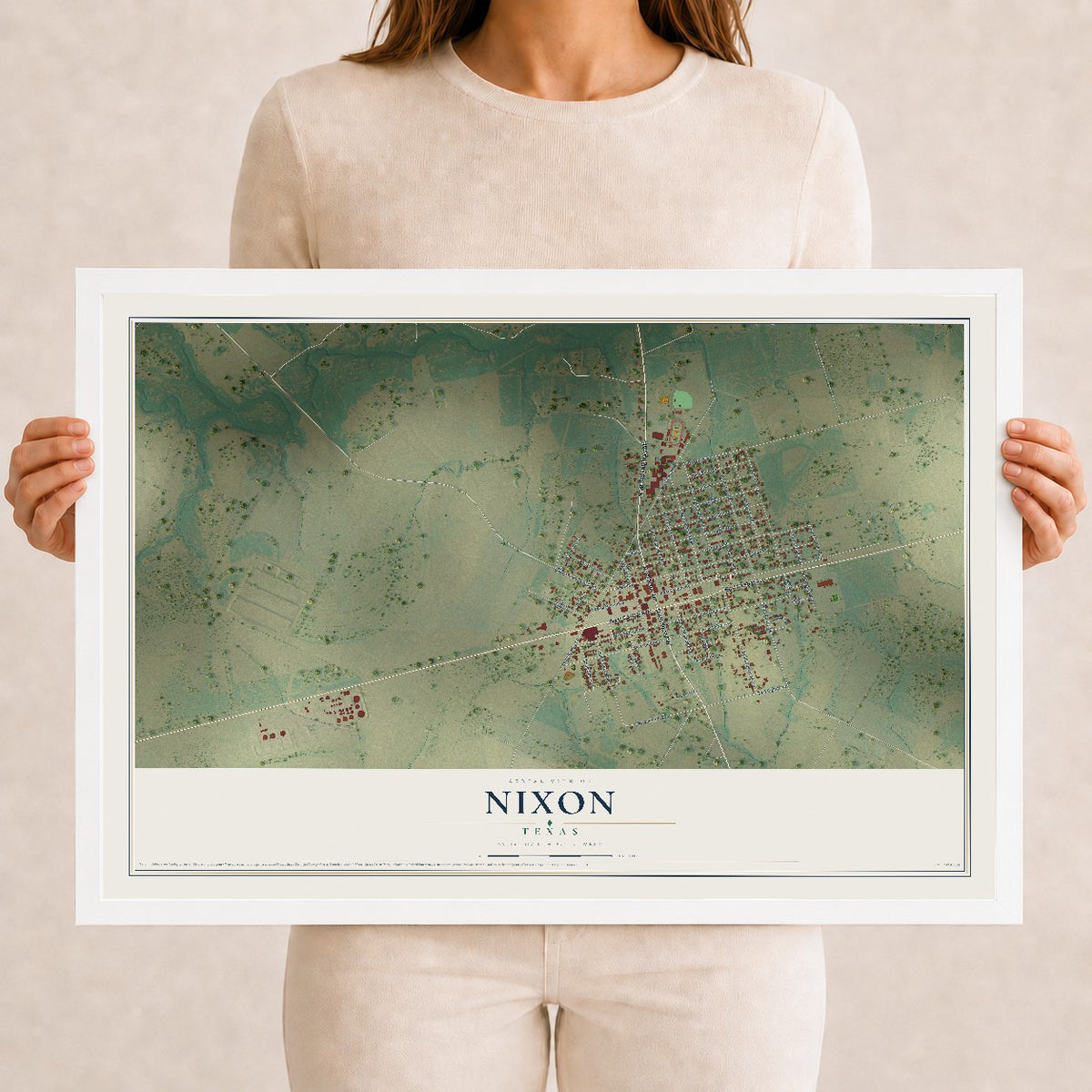 Map of Nixon, Texas, 12 x 18 inch print in a white wood frame