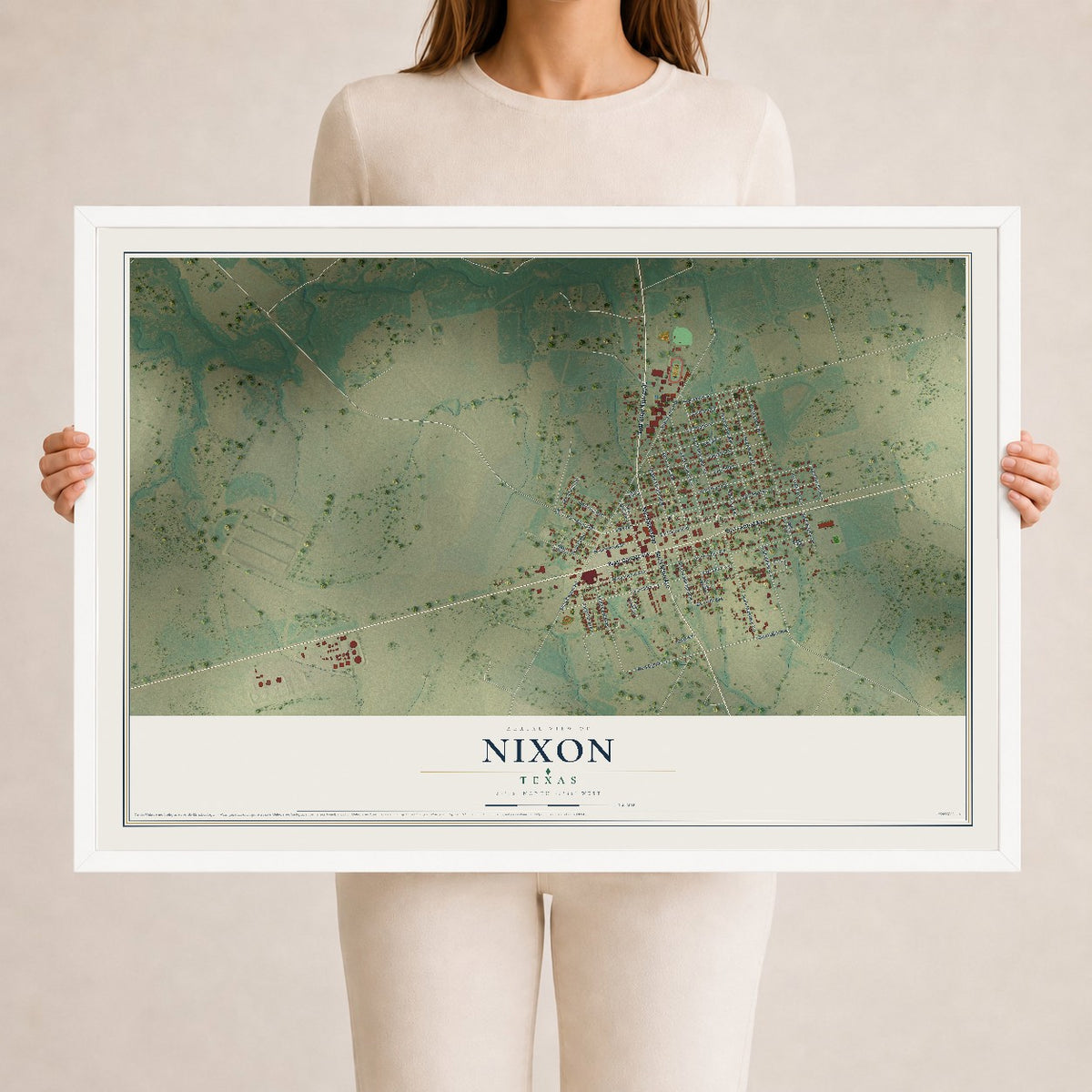 Map of Nixon, Texas, 24 x 36 inch print in a white wood frame