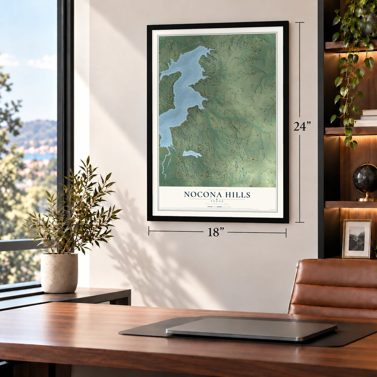 Nocona Hills, Texas map, 18 x 24 inch print in a black frame in a home office