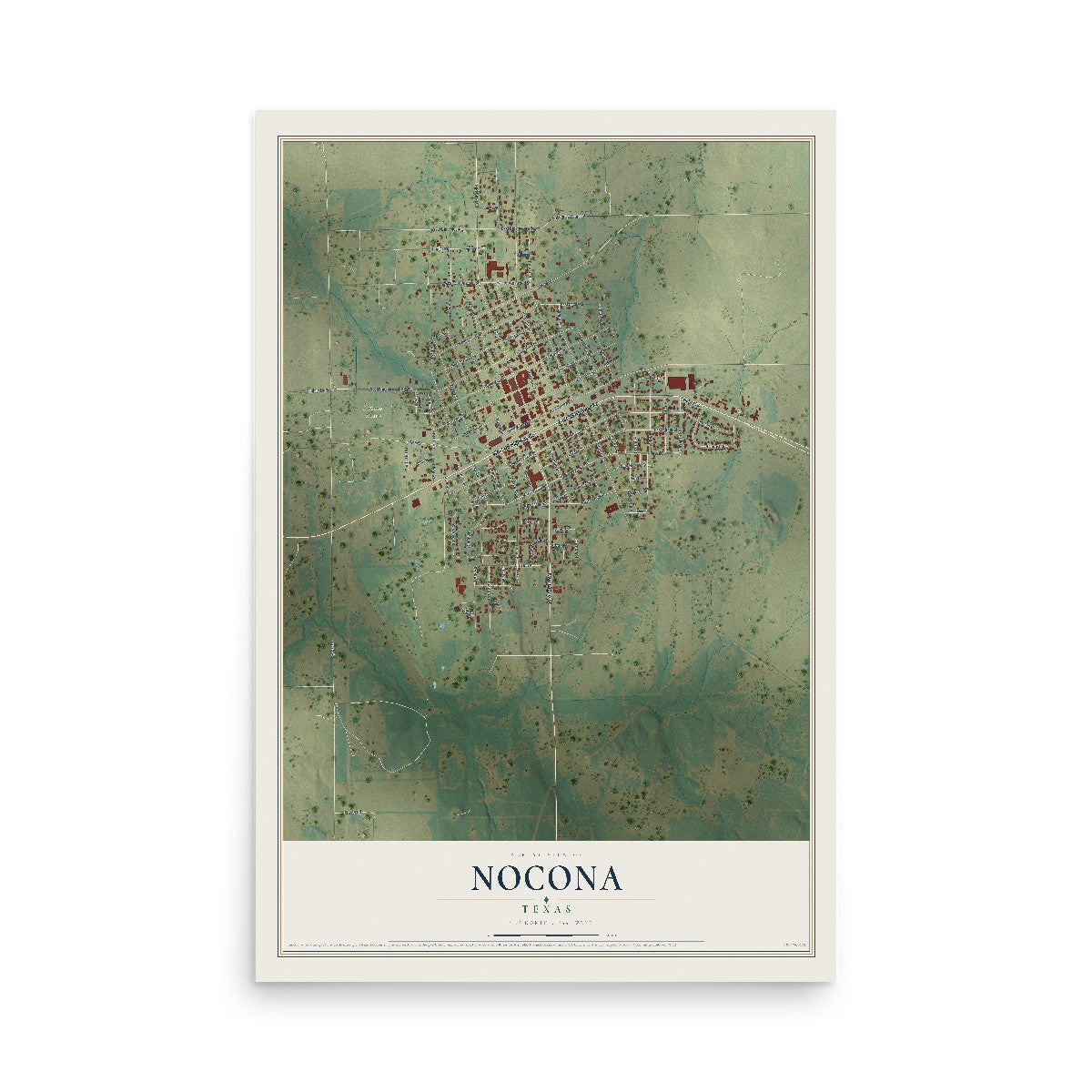 Map of Nocona, Texas, 12 x 18 inch unframed archival matte print