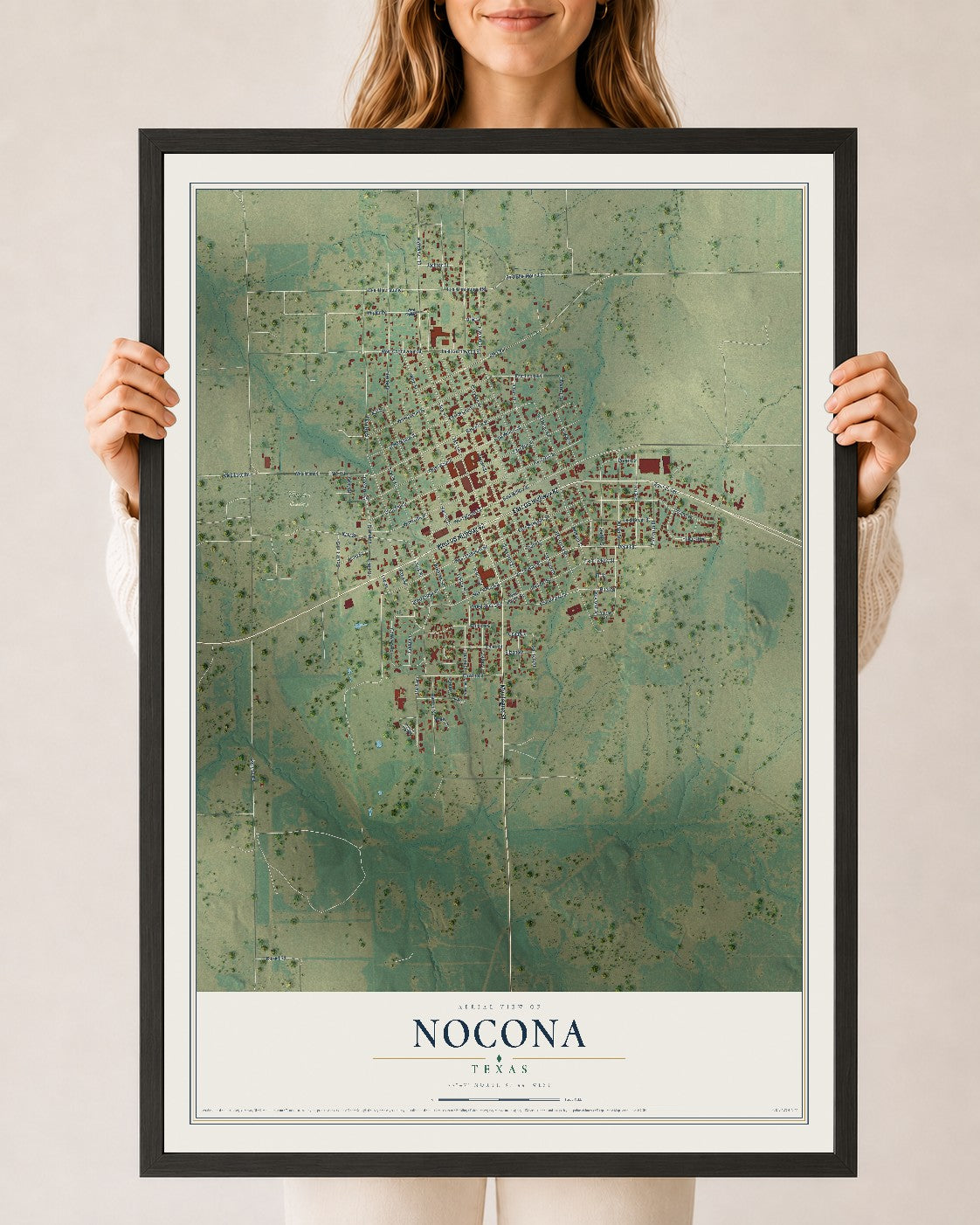 Map of Nocona, Texas, 24 x 36 inch print in a black wood frame