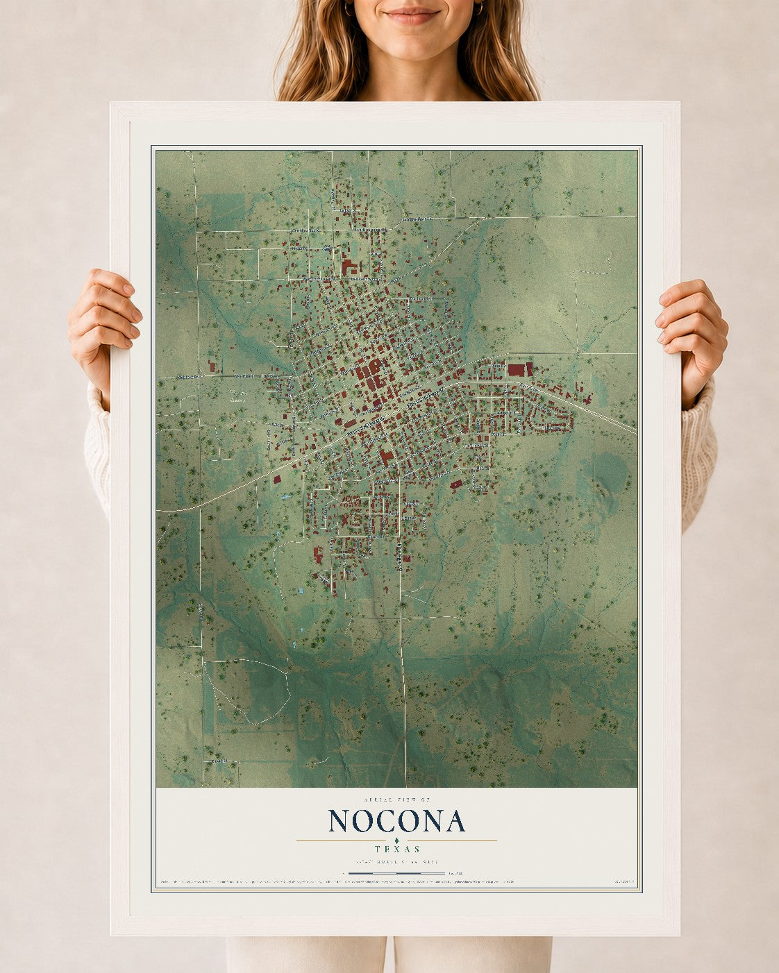 Map of Nocona, Texas, 24 x 36 inch print in a white wood frame