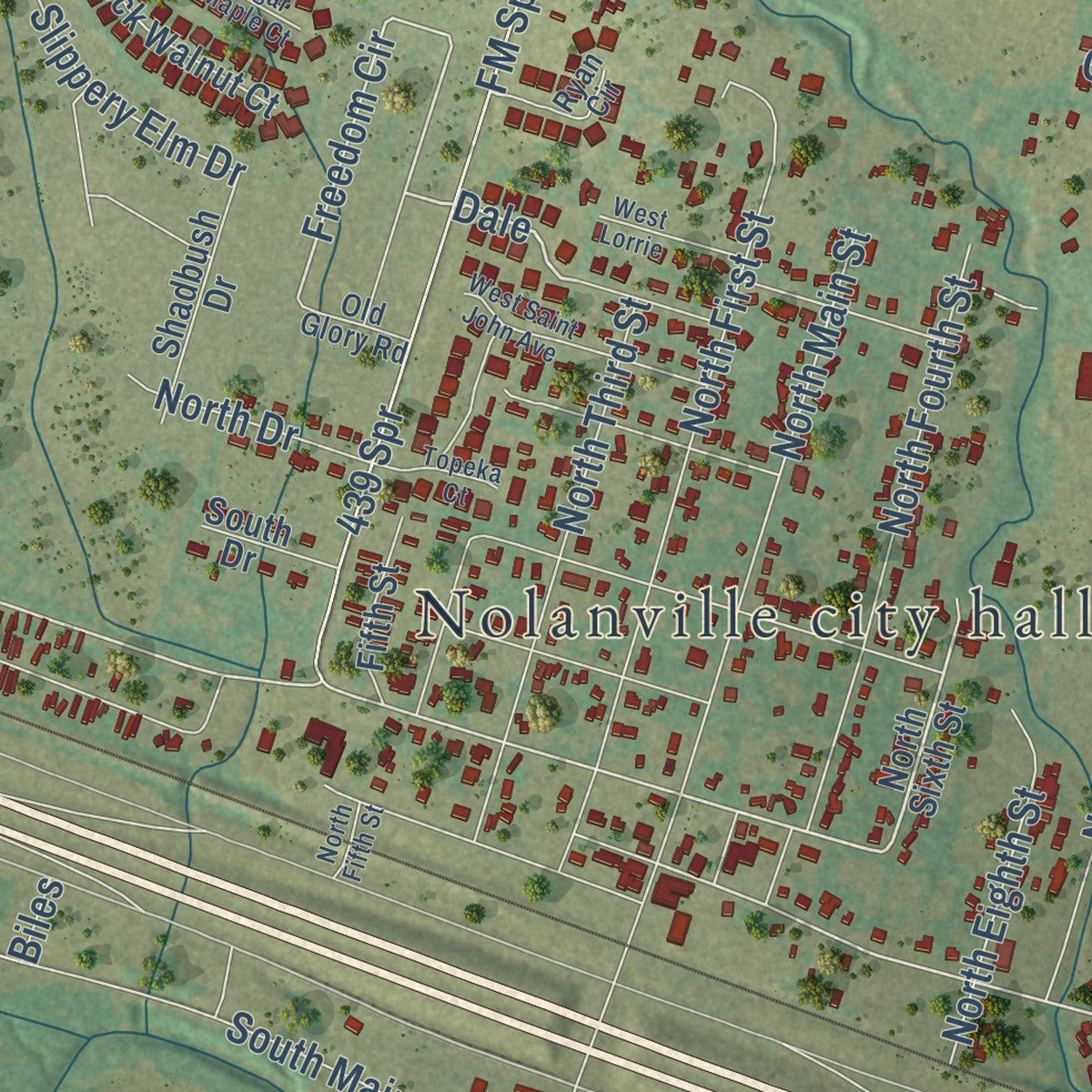 Close-up of the map of Nolanville, Texas print showing street and building detail