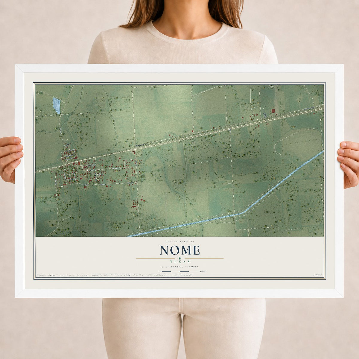 Map of Nome, Texas, 18 x 24 inch print in a white wood frame