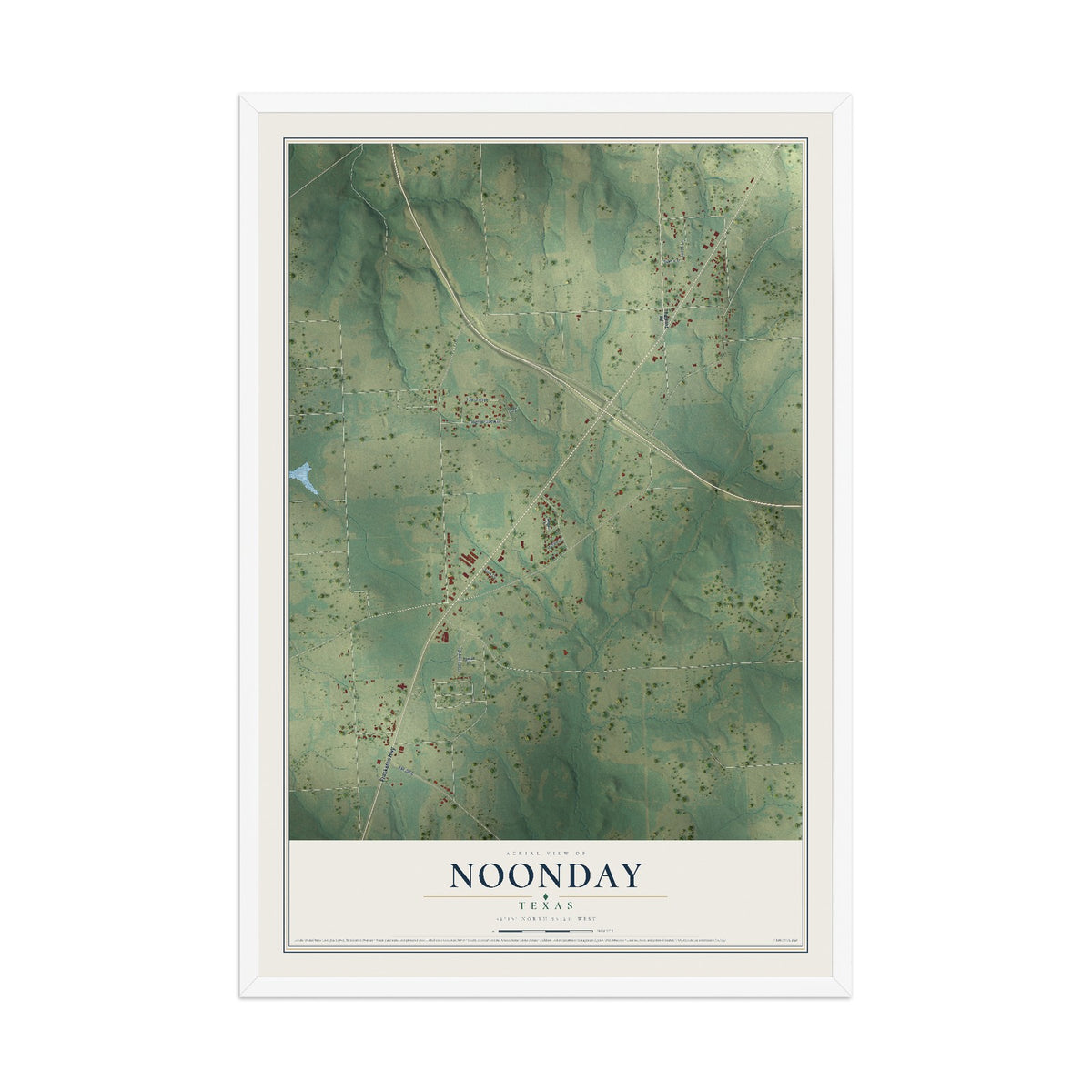 Map of Noonday, Texas, 12 x 18 inch print in a white wood frame