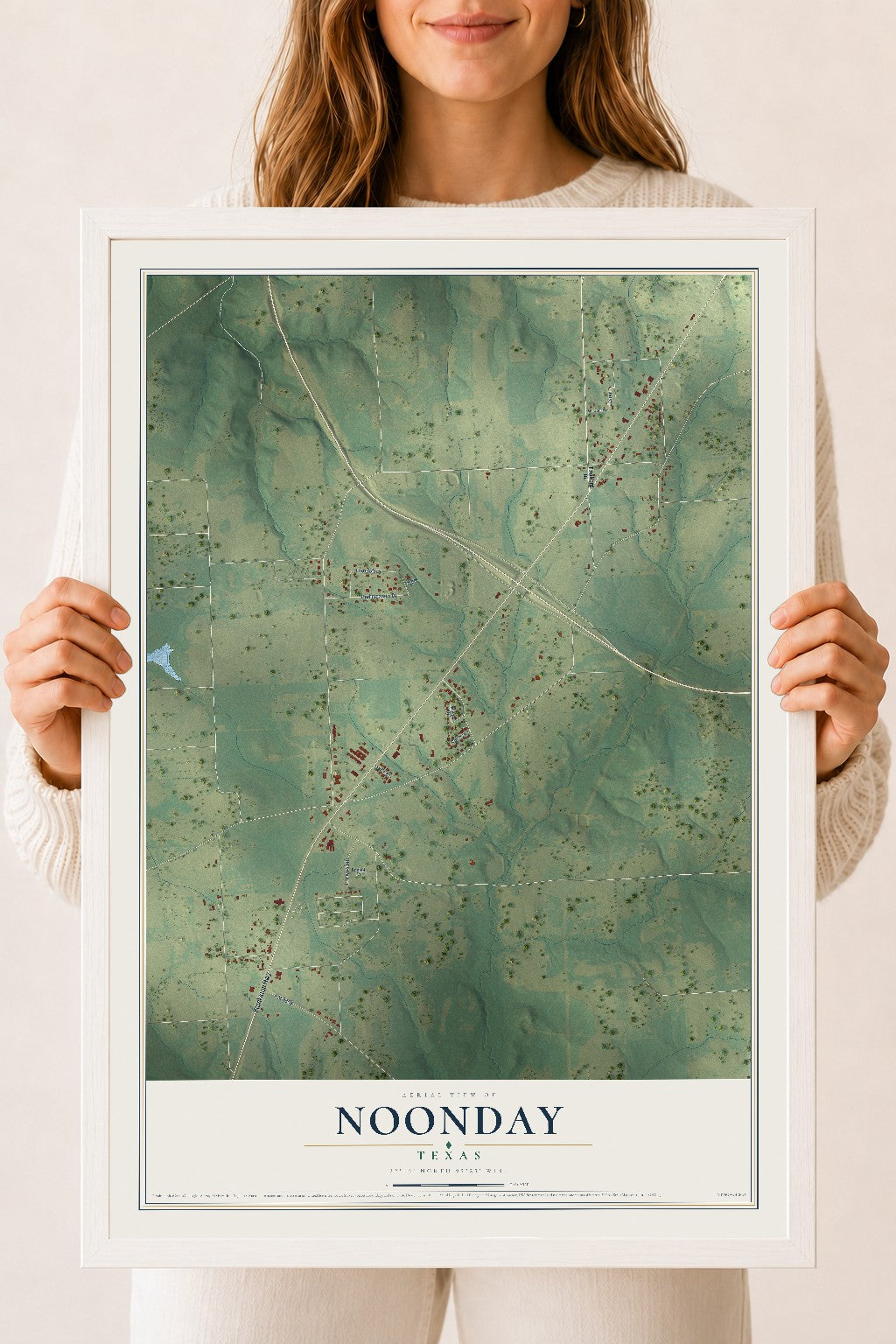 Map of Noonday, Texas, 18 x 24 inch print in a white wood frame