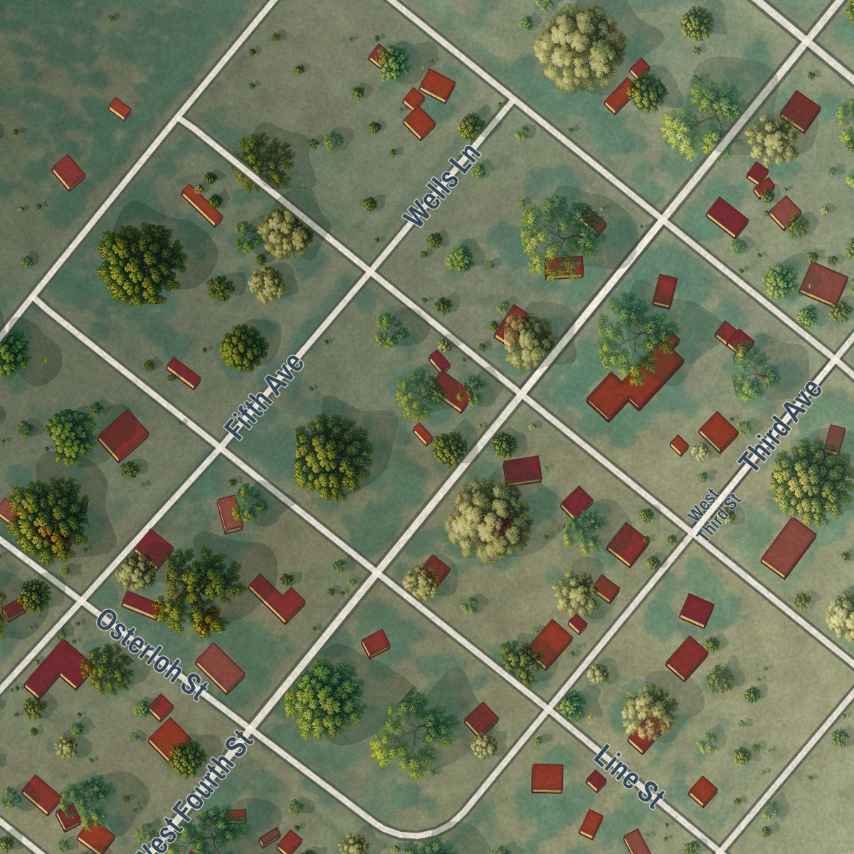 Second close-up of the map of Nordheim, Texas print showing more streets and buildings
