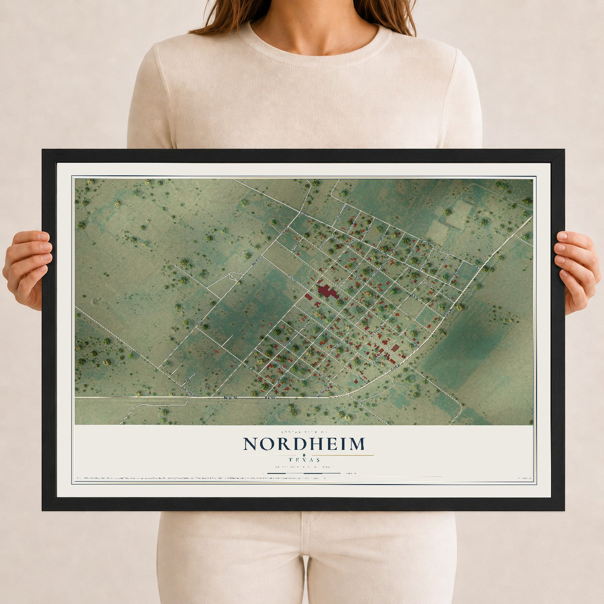 Map of Nordheim, Texas, 12 x 18 inch print in a black wood frame