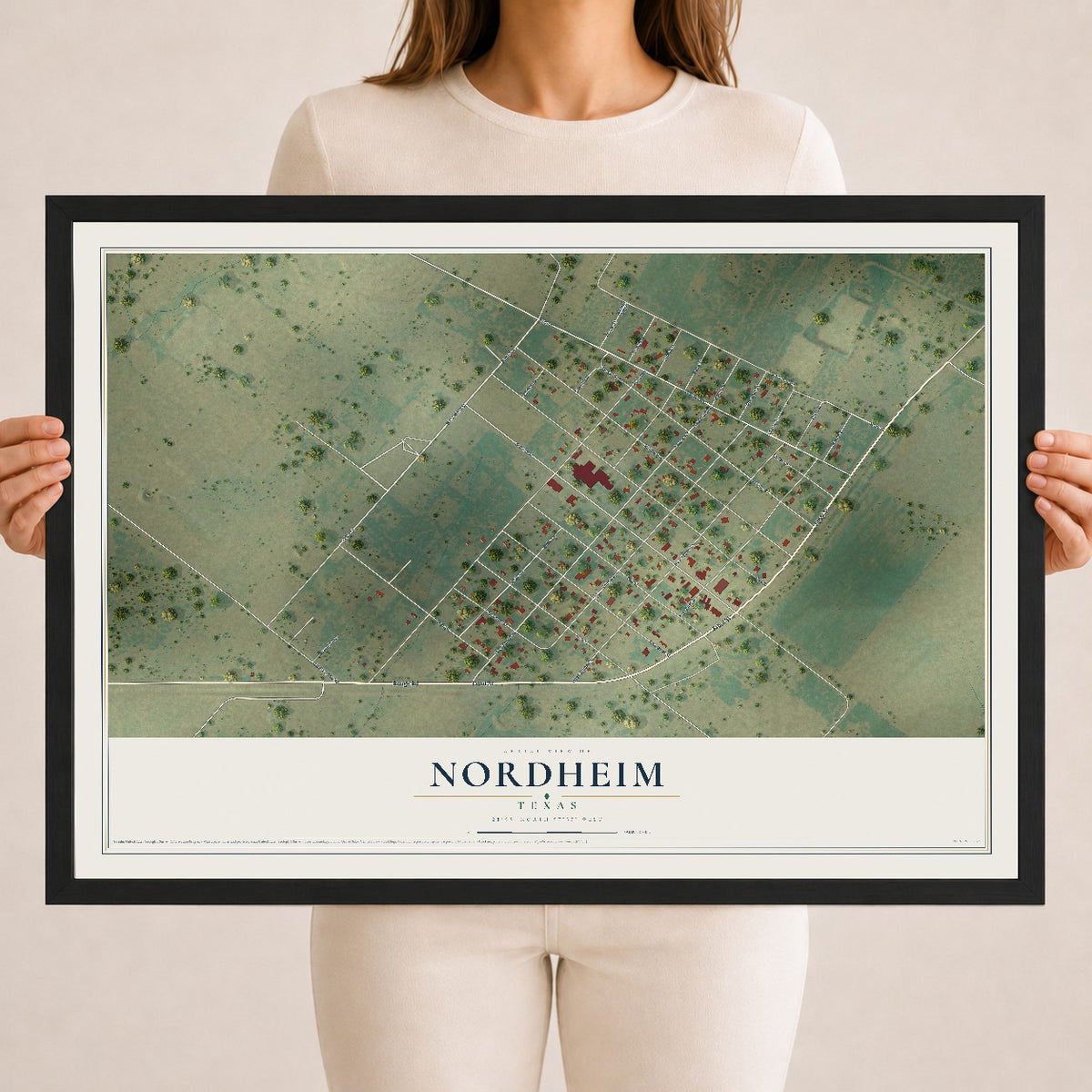 Map of Nordheim, Texas, 18 x 24 inch print in a black wood frame