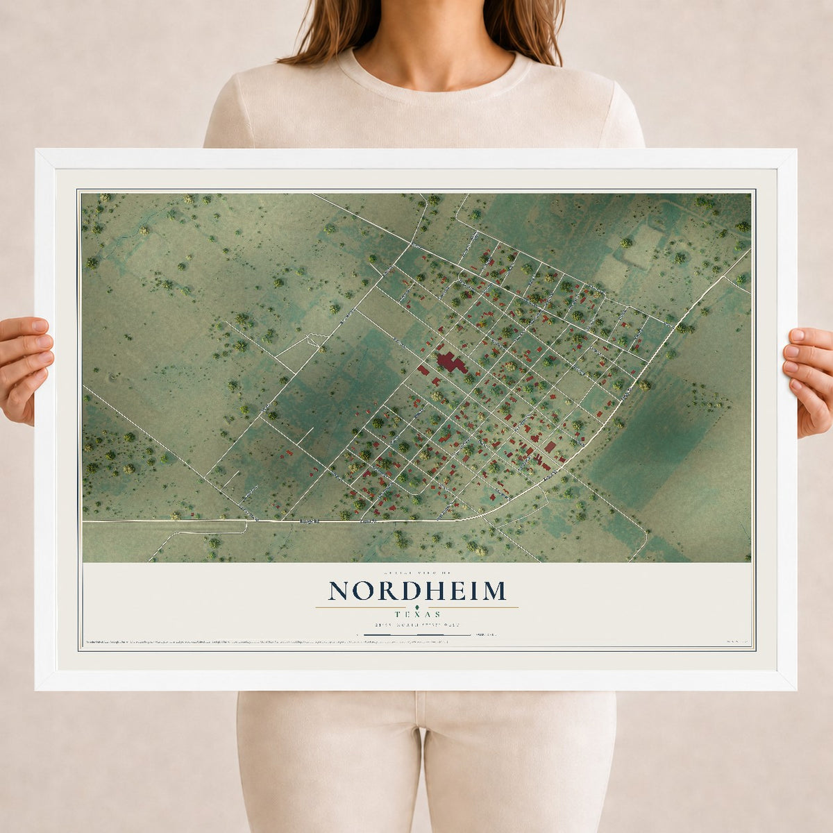 Map of Nordheim, Texas, 18 x 24 inch print in a white wood frame