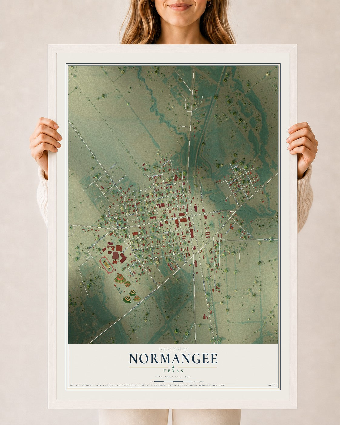 Map of Normangee, Texas, 24 x 36 inch print in a white wood frame