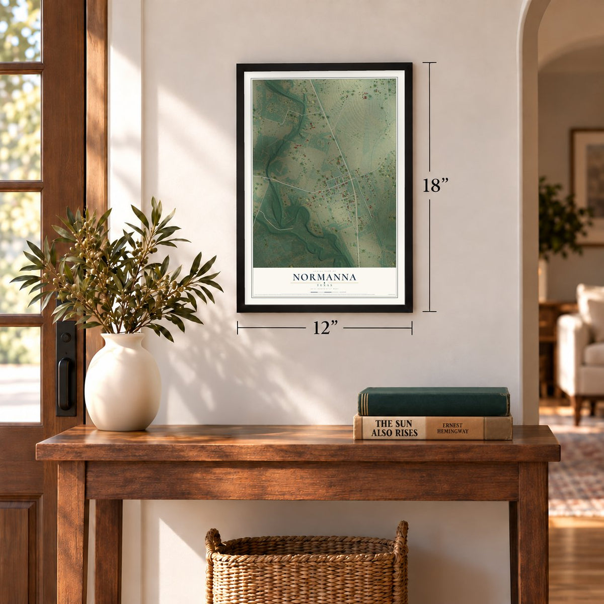 Normanna, Texas map, 12 x 18 inch print in a black frame in an entryway