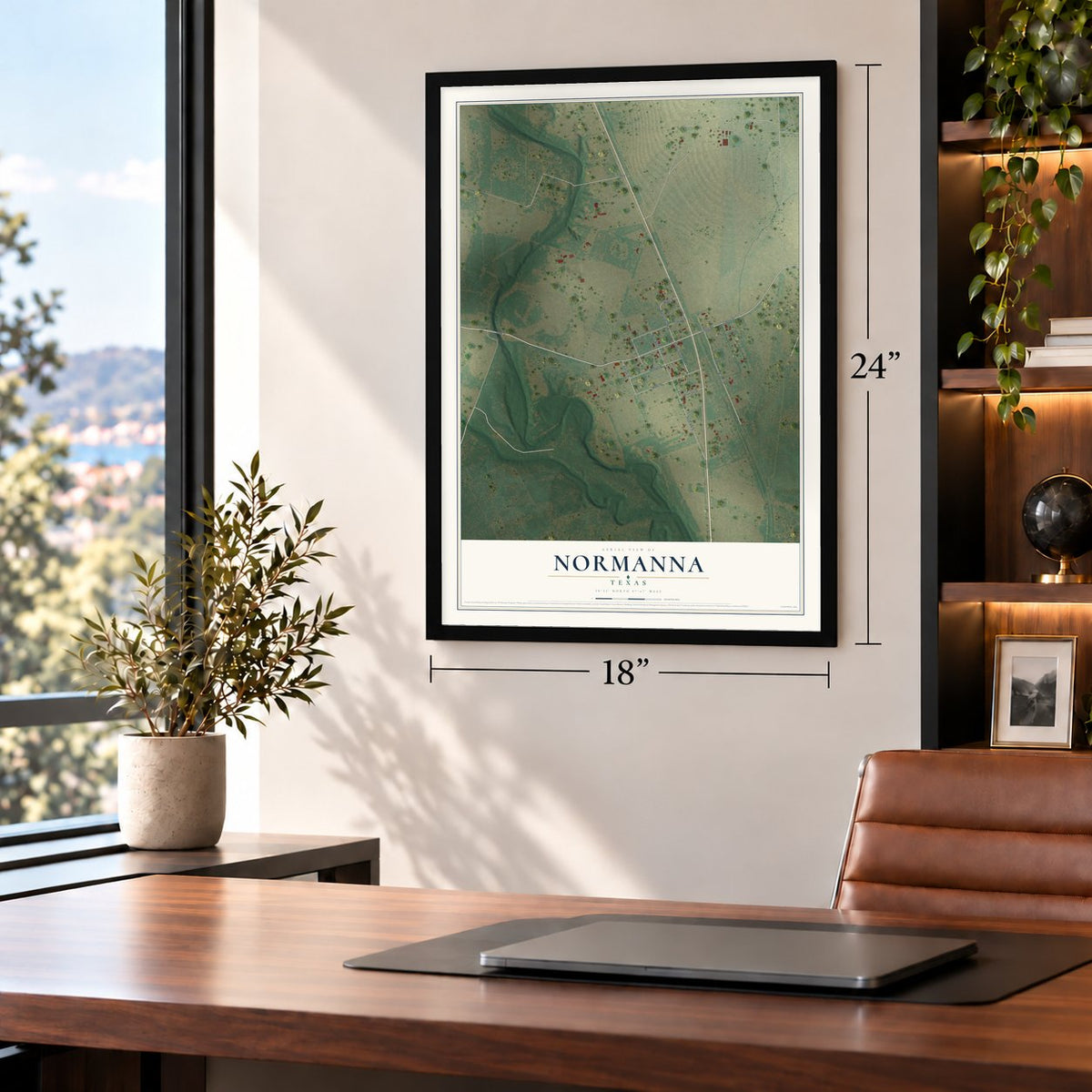 Normanna, Texas map, 18 x 24 inch print in a black frame in a home office
