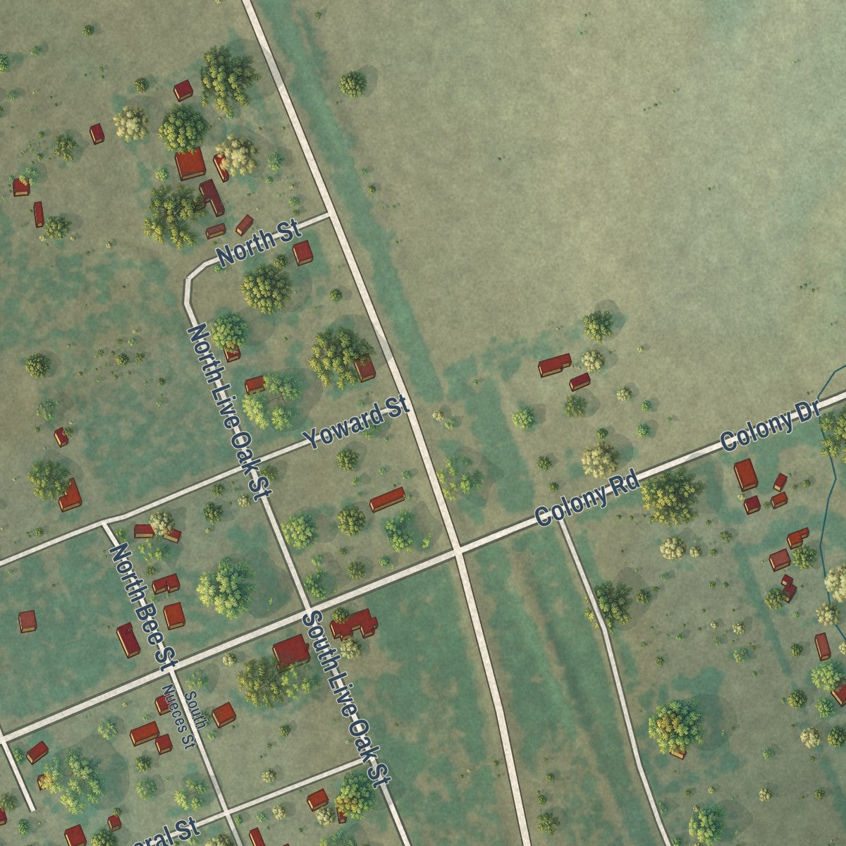 Close-up of the map of Normanna, Texas print showing street and building detail