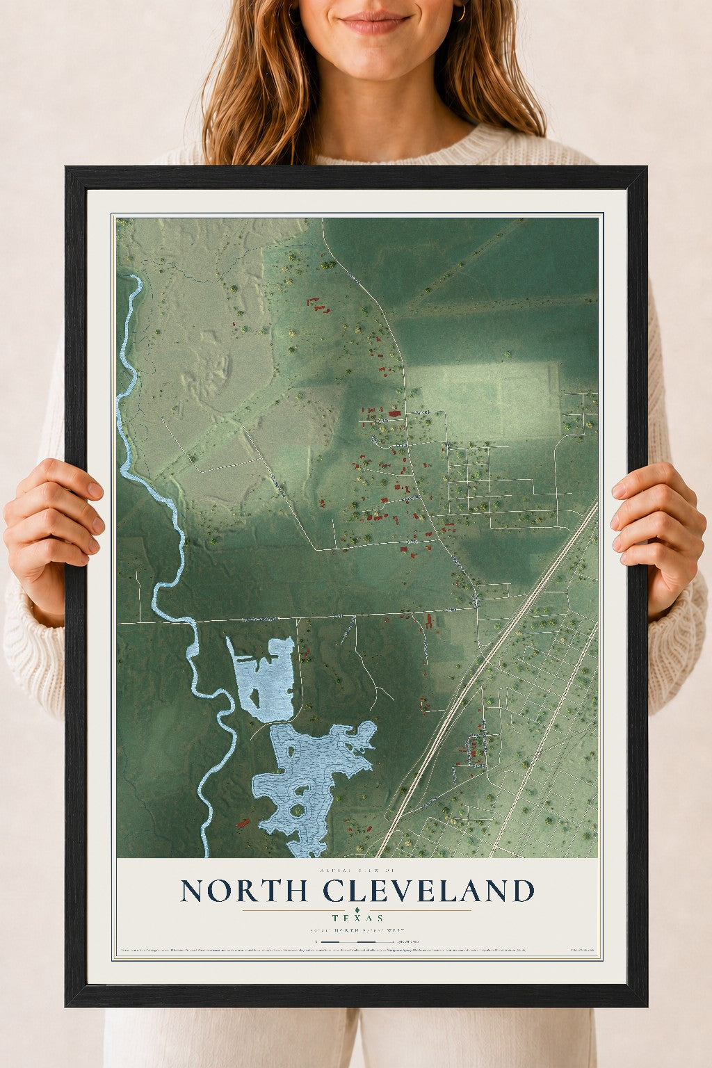Map of North Cleveland, Texas, 18 x 24 inch print in a black wood frame