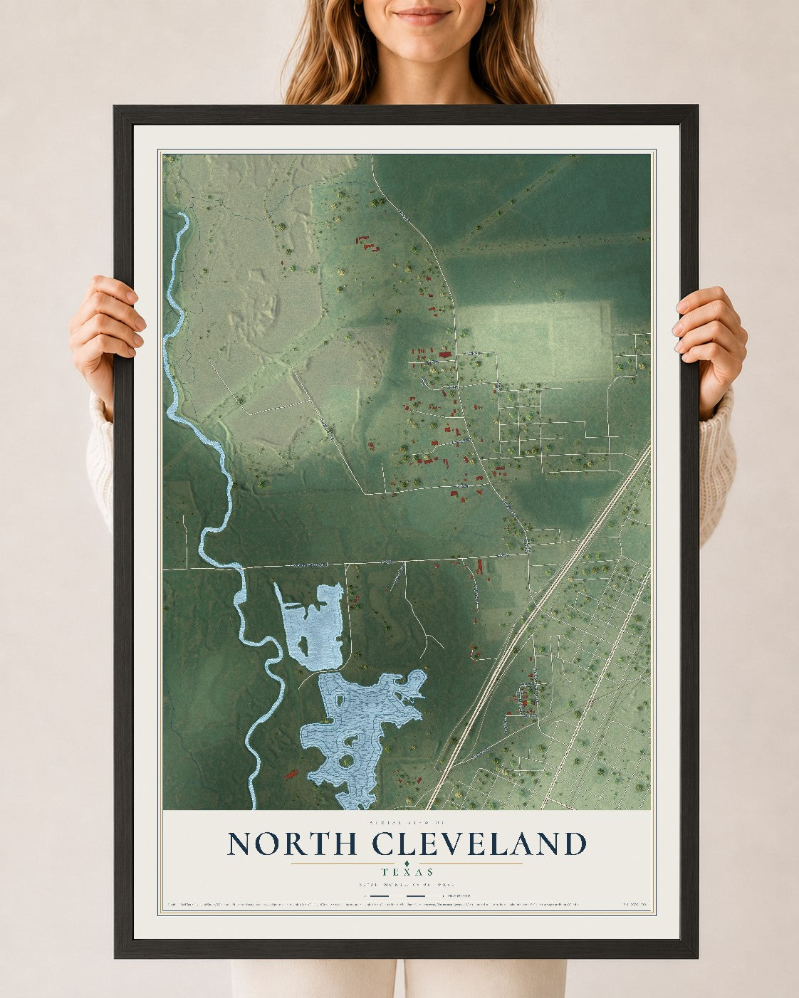 Map of North Cleveland, Texas, 24 x 36 inch print in a black wood frame