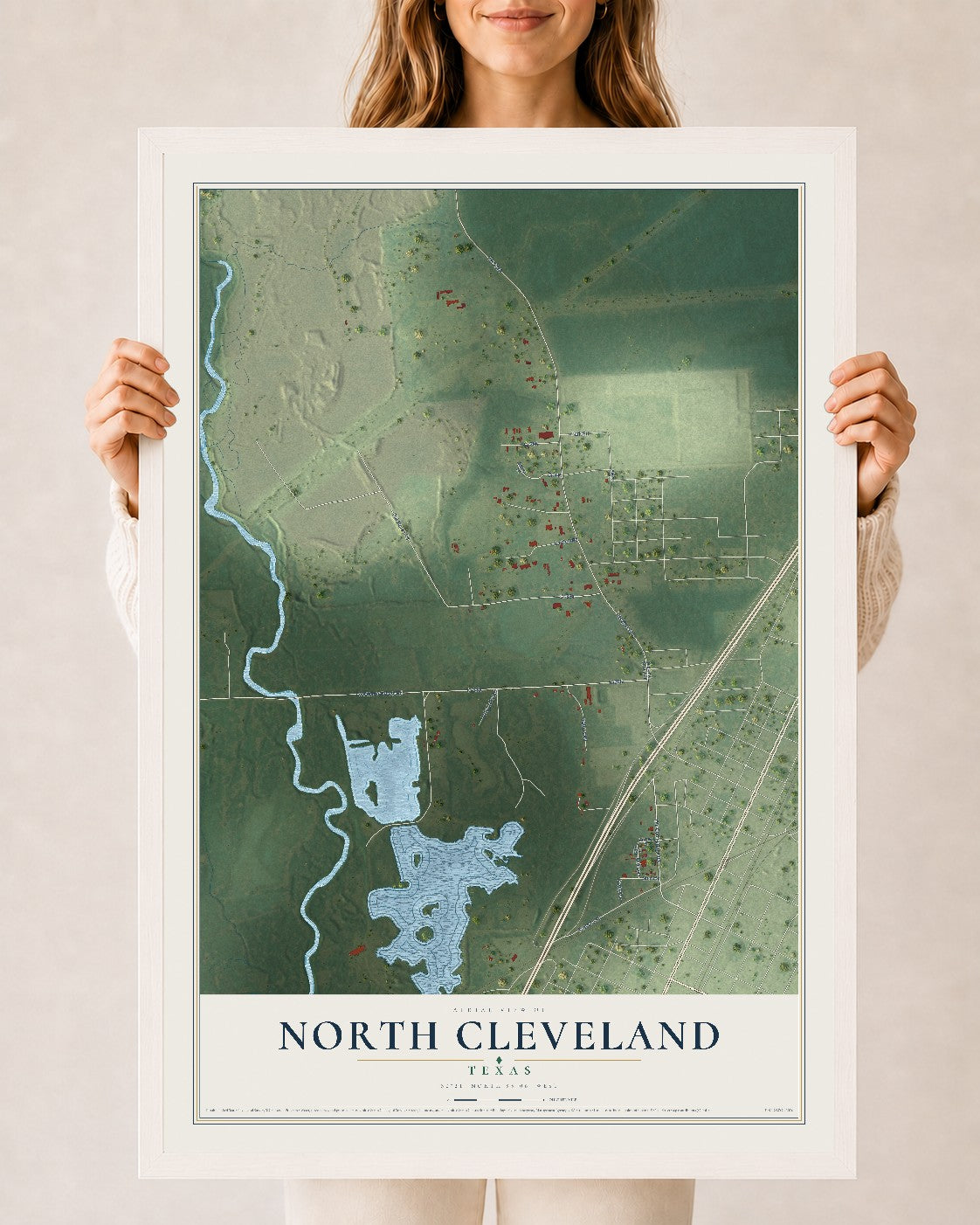 Map of North Cleveland, Texas, 24 x 36 inch print in a white wood frame