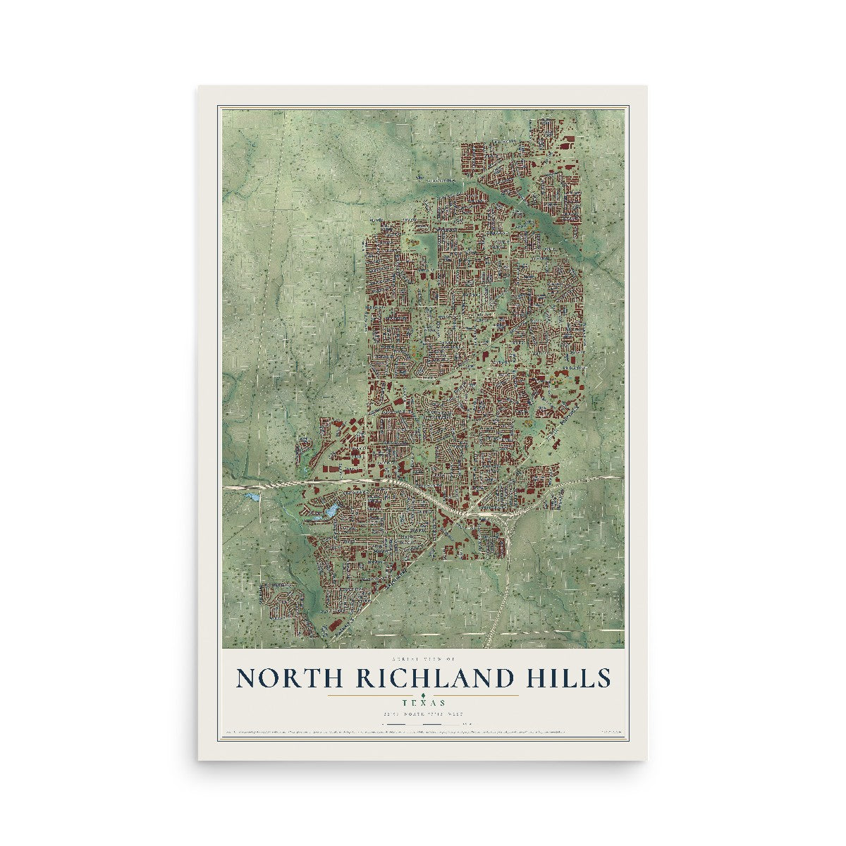 Map of North Richland Hills, Texas, 12 x 18 inch unframed archival matte print
