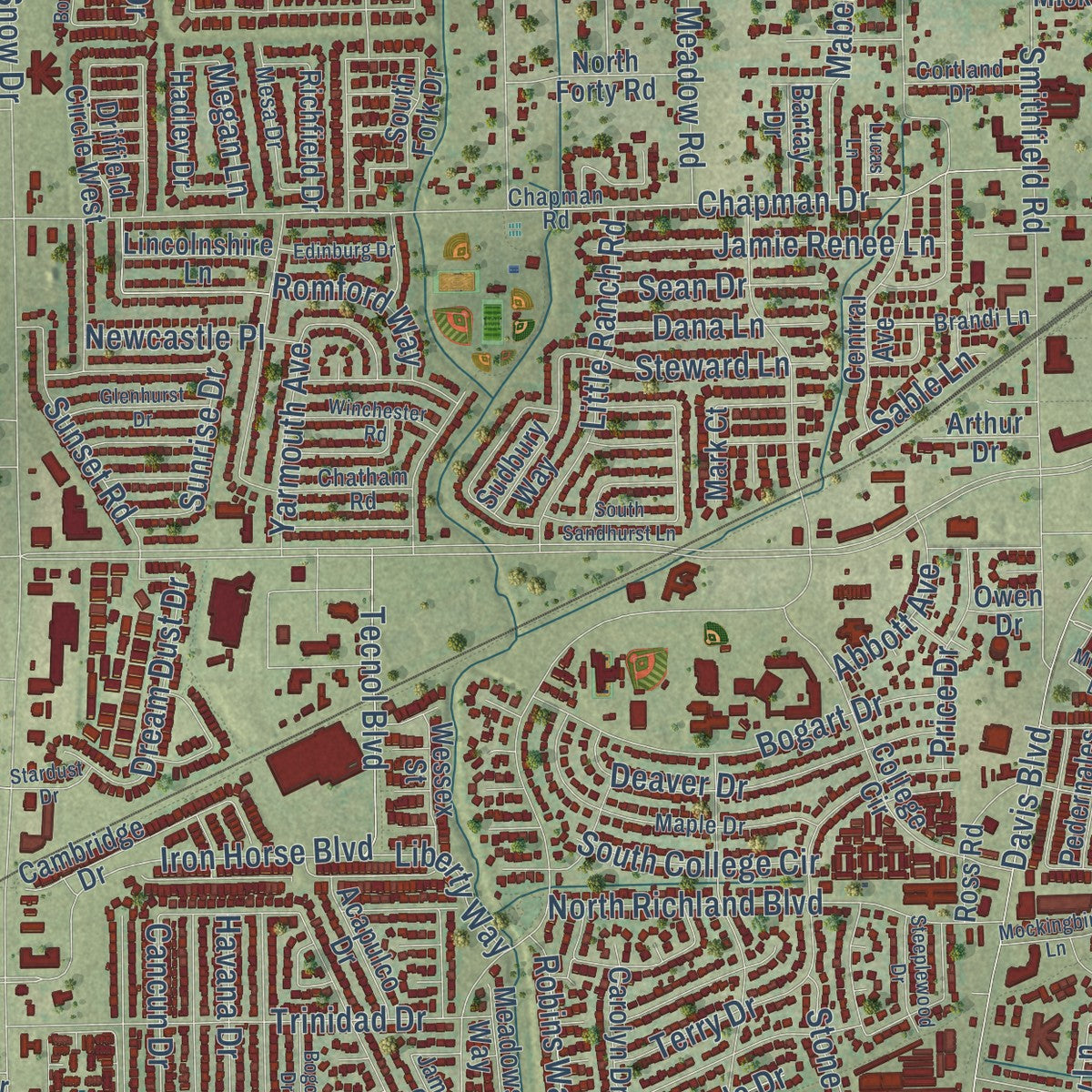 Close-up of the map of North Richland Hills, Texas print showing street and building detail