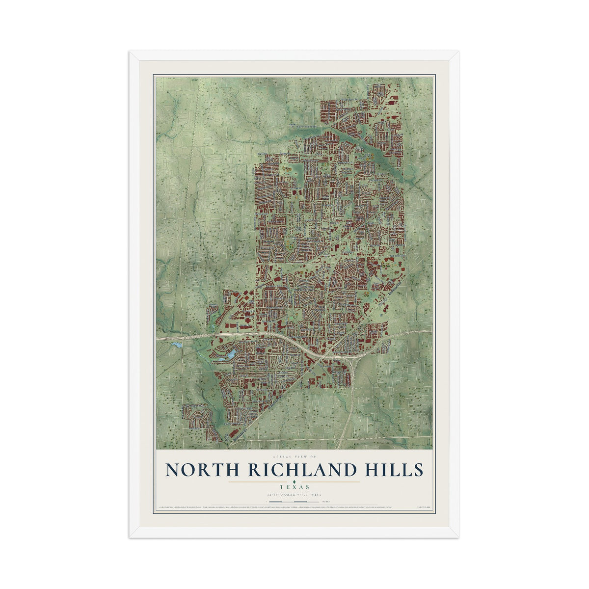 Map of North Richland Hills, Texas, 12 x 18 inch print in a white wood frame