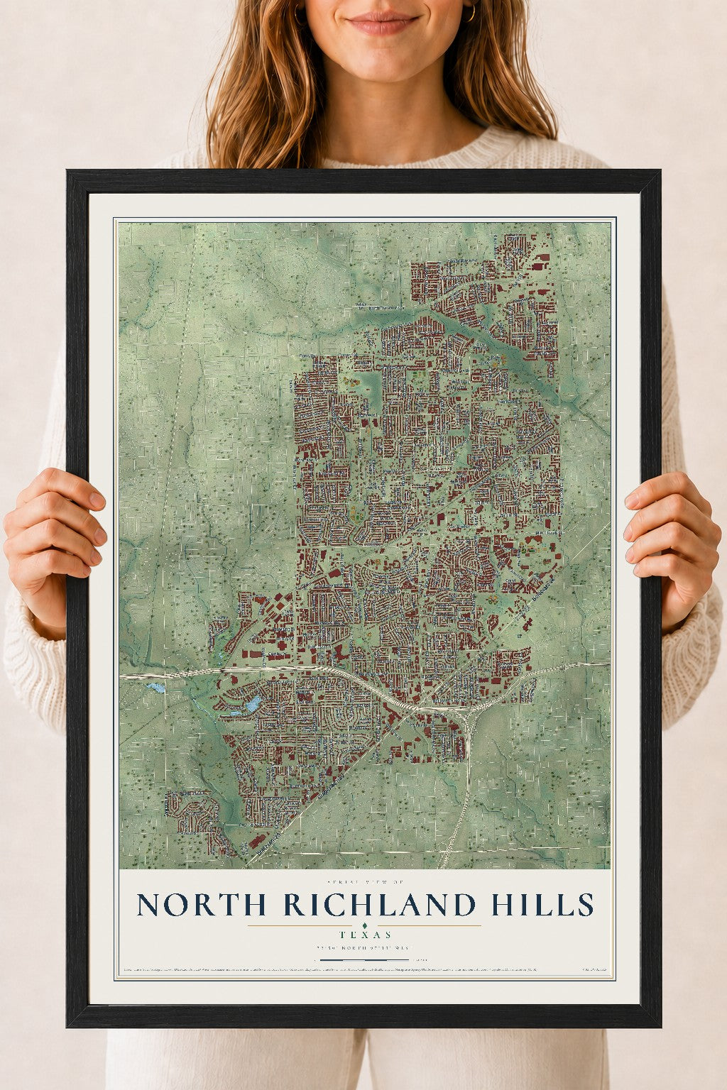 Map of North Richland Hills, Texas, 18 x 24 inch print in a black wood frame