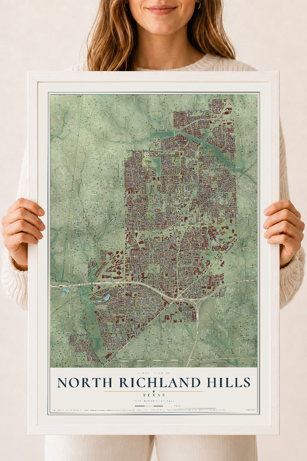 Map of North Richland Hills, Texas, 18 x 24 inch print in a white wood frame