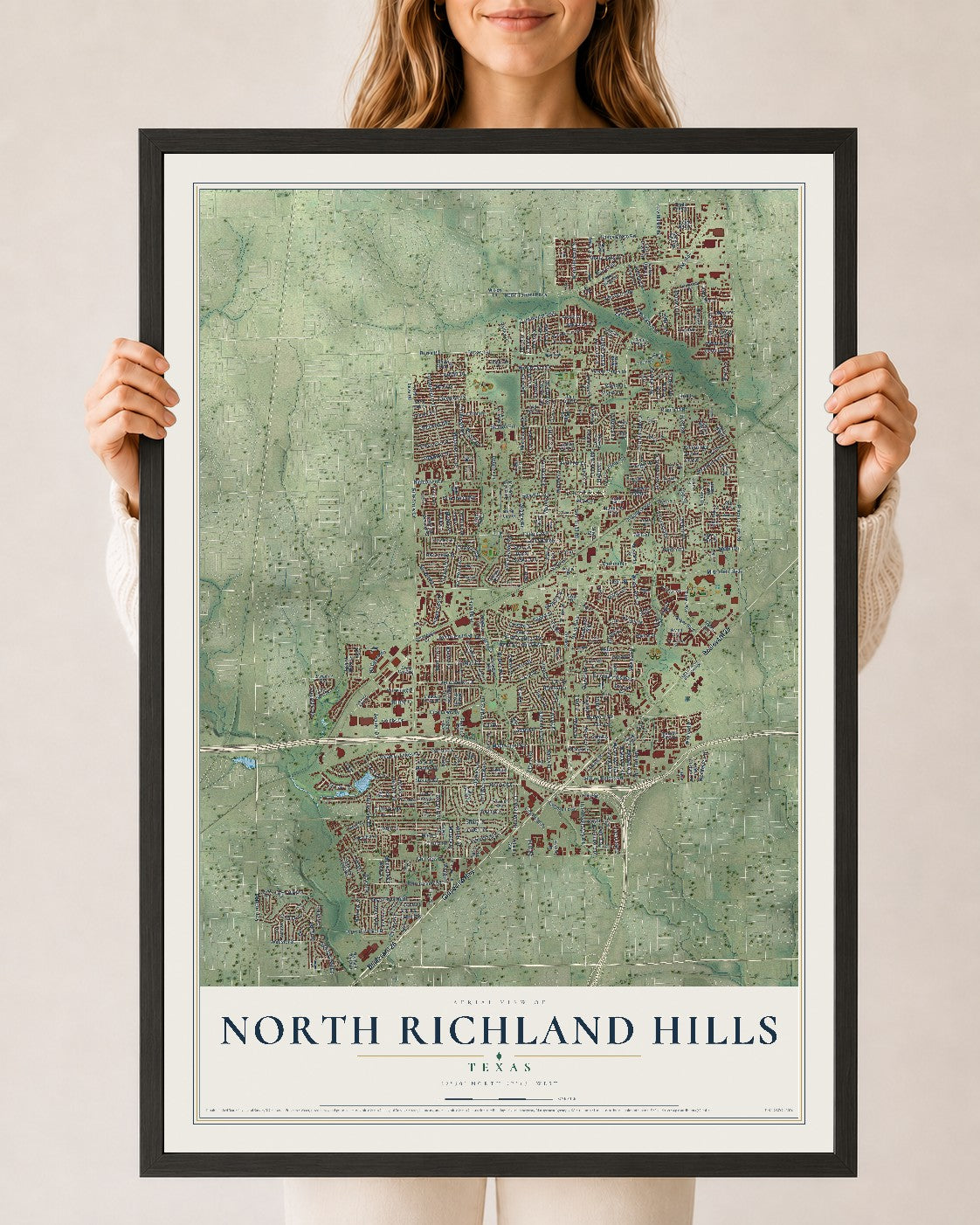 Map of North Richland Hills, Texas, 24 x 36 inch print in a black wood frame