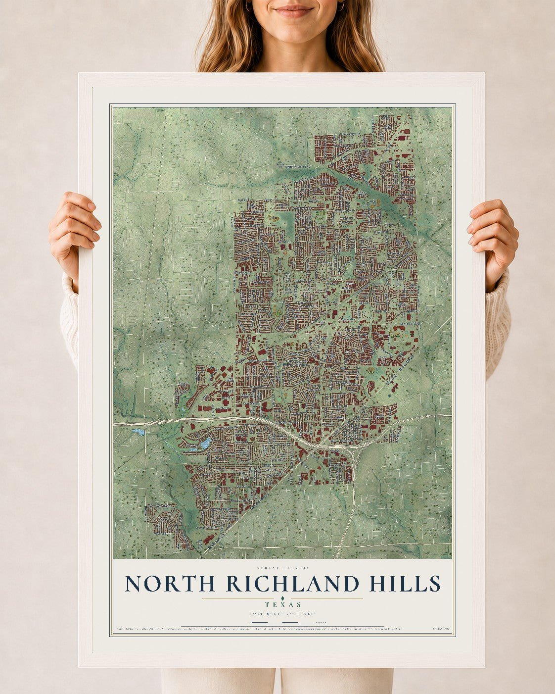 Map of North Richland Hills, Texas, 24 x 36 inch print in a white wood frame