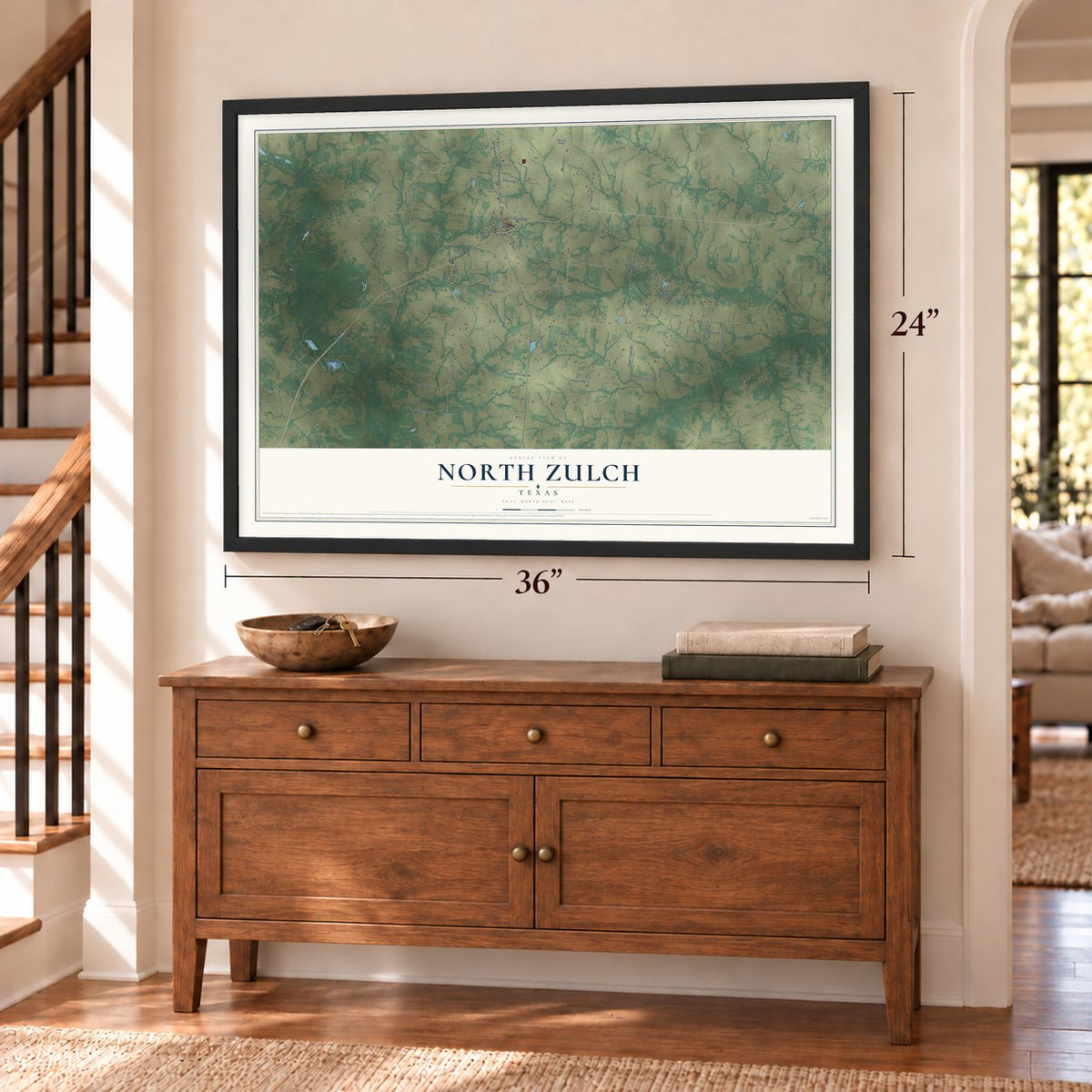 North Zulch, Texas map, 24 x 36 inch print in a black frame above a dresser by a staircase