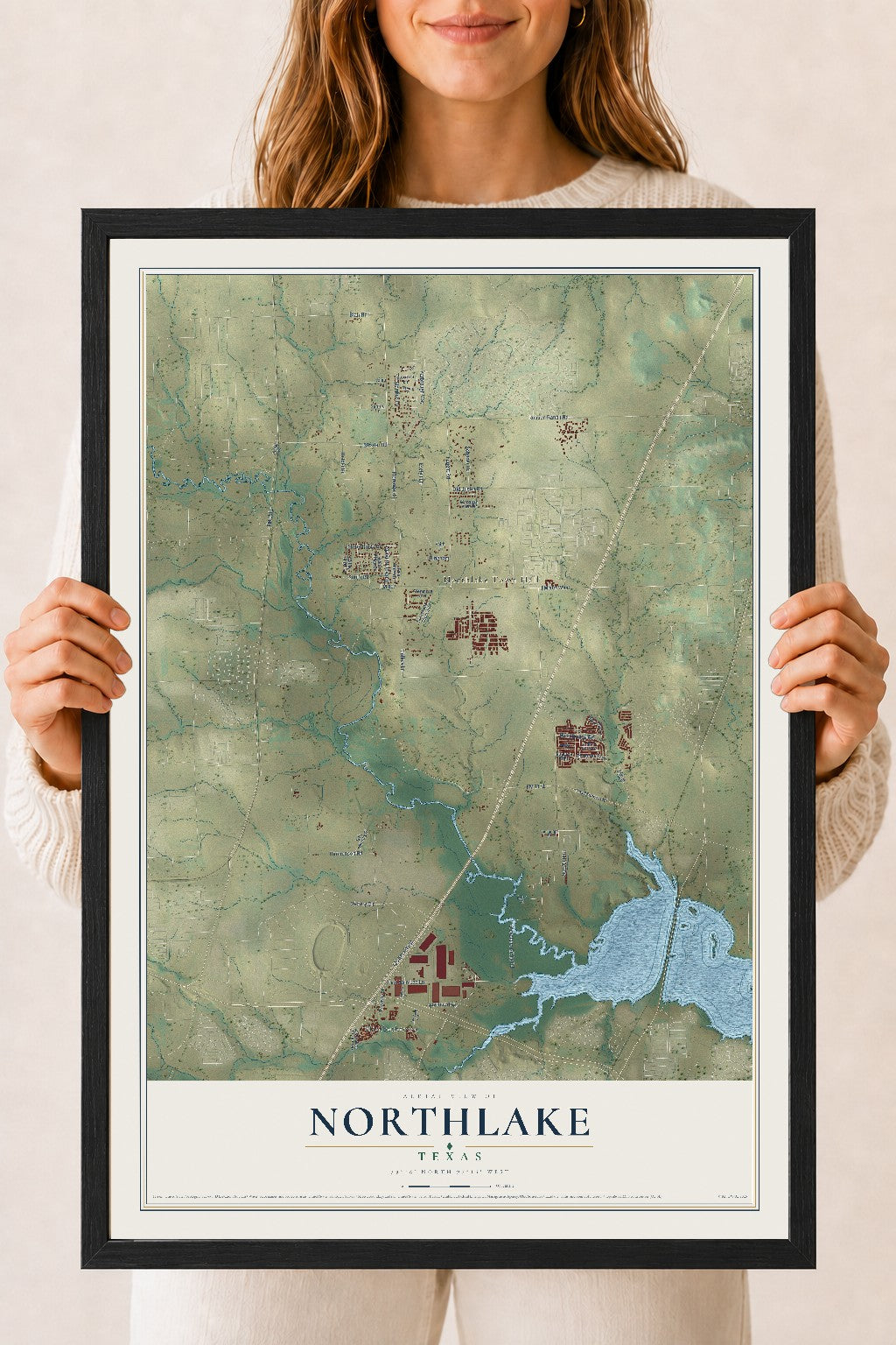 Map of Northlake, Texas, 18 x 24 inch print in a black wood frame