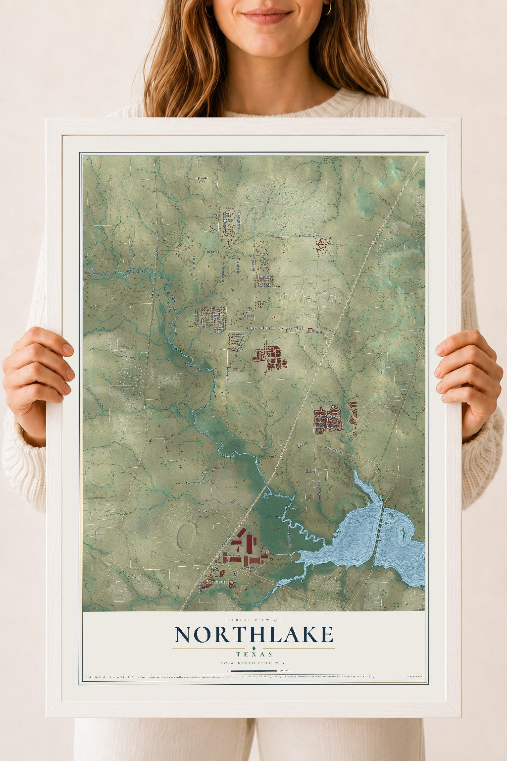 Map of Northlake, Texas, 18 x 24 inch print in a white wood frame