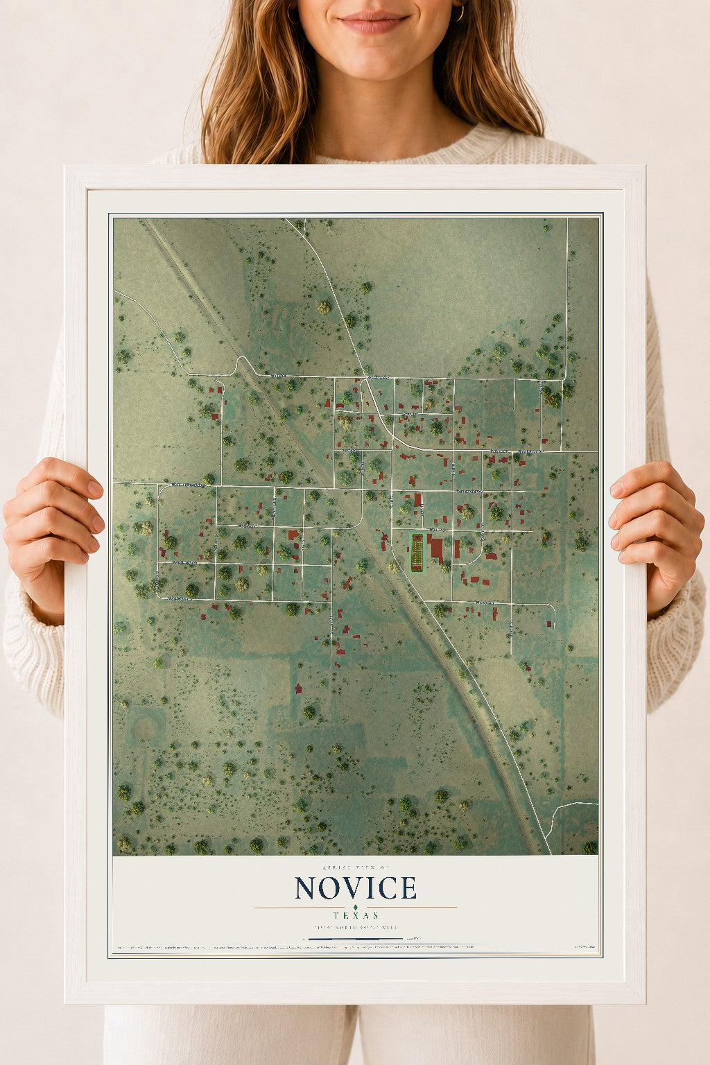 Map of Novice, Texas, 18 x 24 inch print in a white wood frame