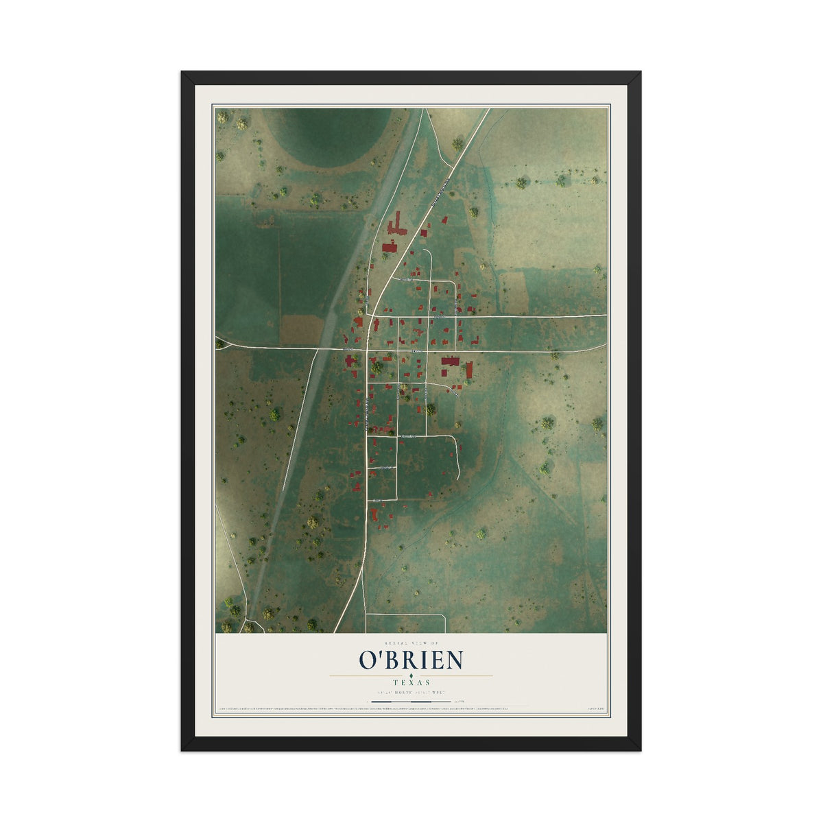 Map of O'Brien, Texas, 12 x 18 inch print in a black wood frame